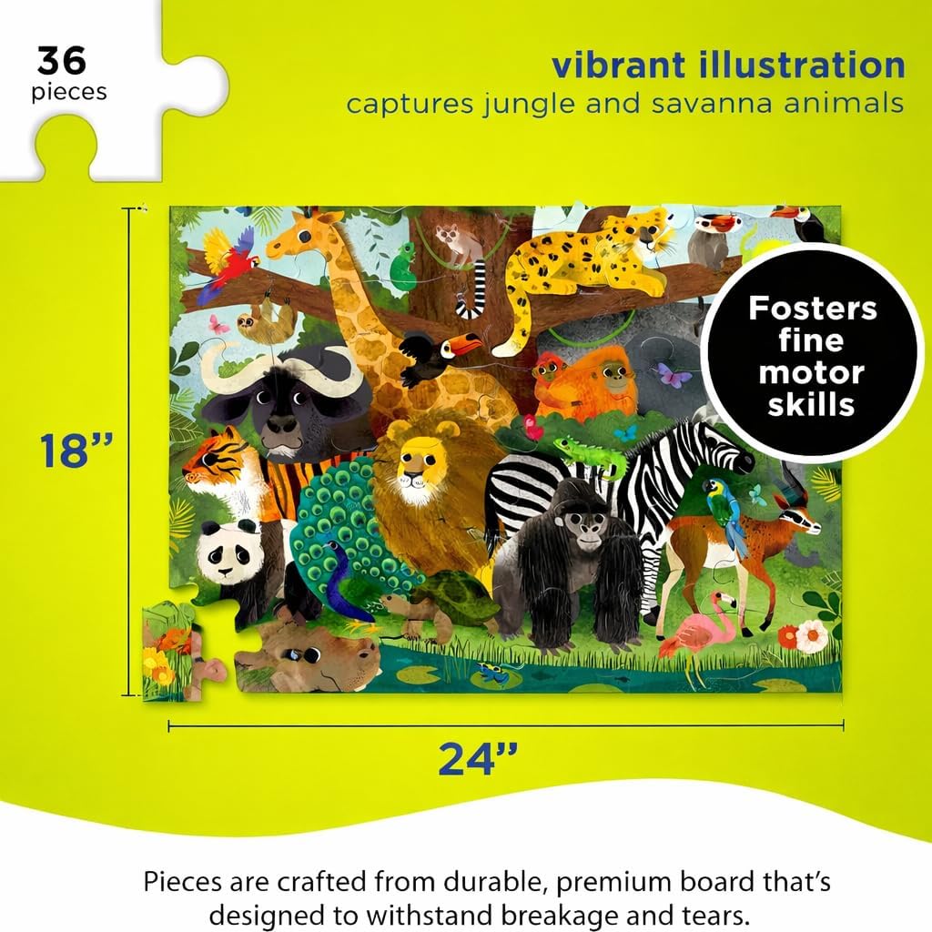 Crocodile Creek 36-Piece Jigsaw Floor Puzzle - Fun Floor Puzzles for Kids Ages 3-5 - Heavy-Duty Shaped Box for Storage - Jungle Friends - 24" W x 18" H Finished