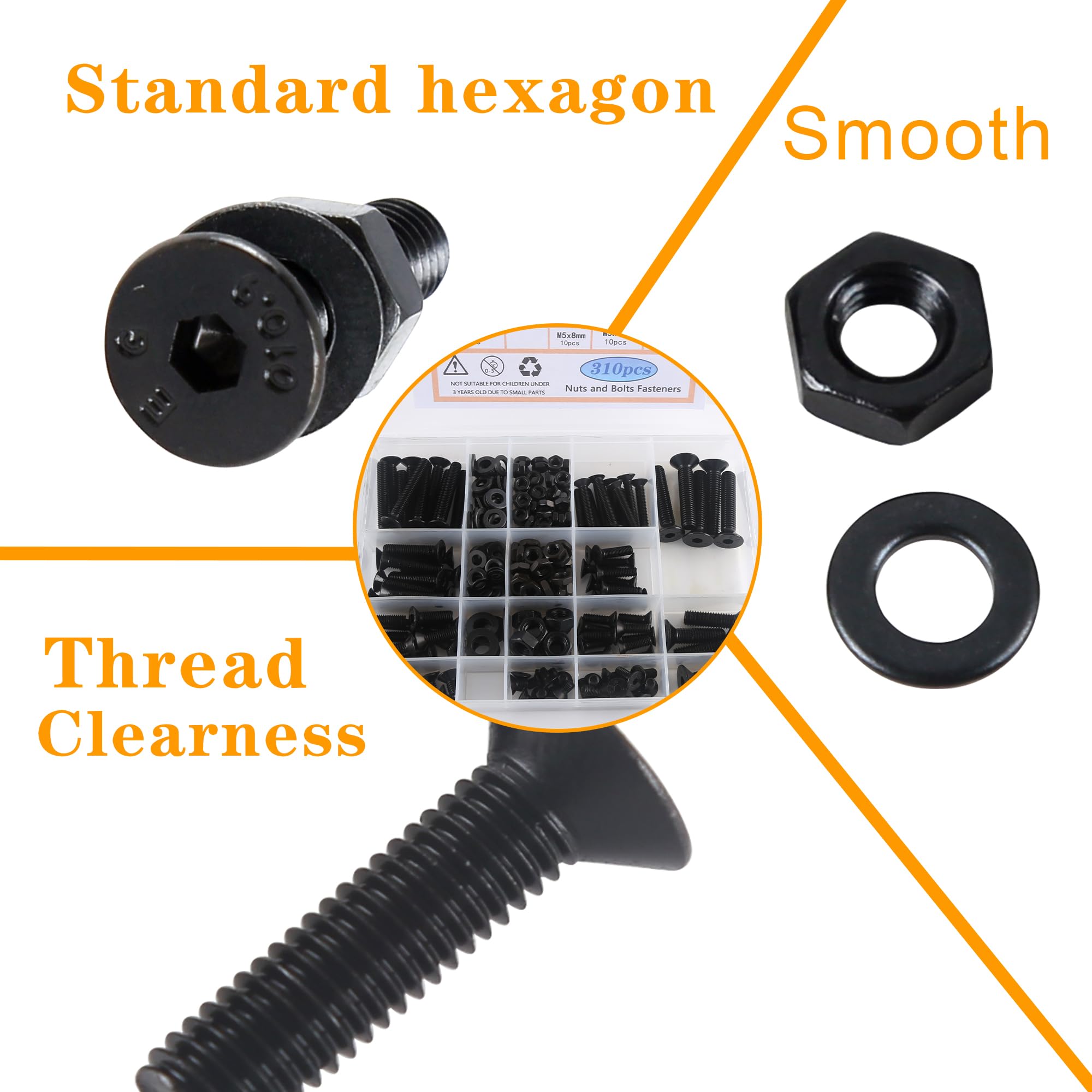 Rshuhx M3 M4 M5 M6 Black Flat head Bolt and Nut set Carbon steel material hexagon head Bolts and nuts washer set fully threaded mechanical fasteners (Comes with reusable storage box)500pieces - Image 3