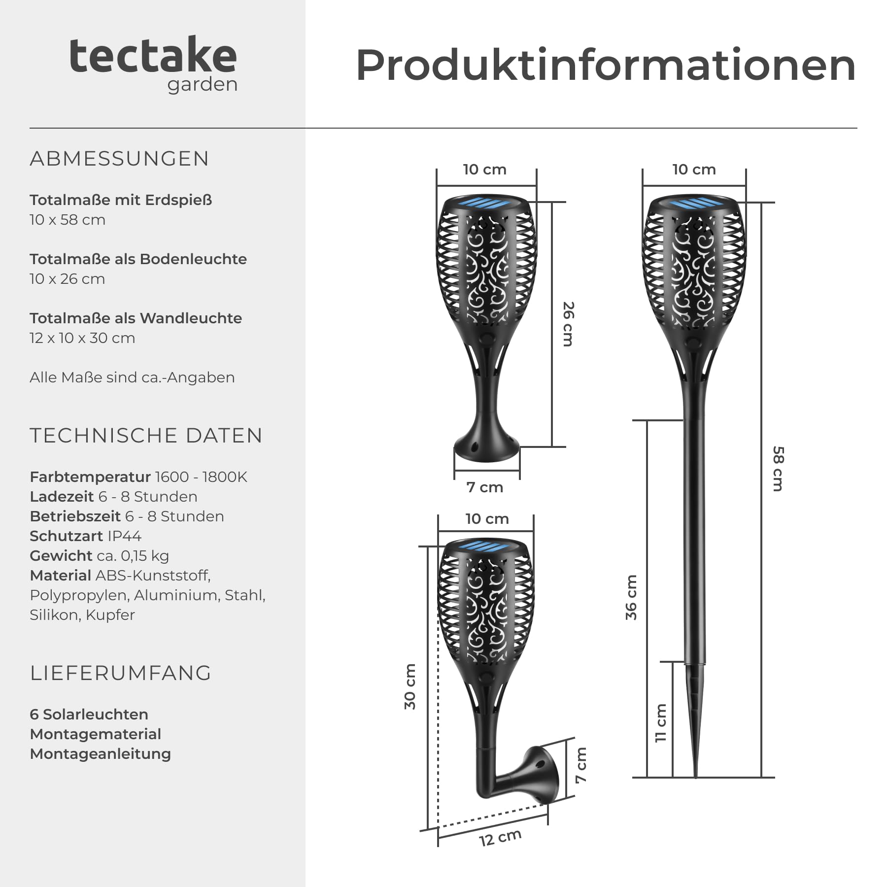 tectake® 6x LED Solarlampen für außen, für Garten, als Wandleuchte, Solar Lampe Fackeln für Draußen, Aussenlampe Wand, Solarleuchten, outdoor Gartenfackeln, Gartenleuchten, Wegbeleuchtung