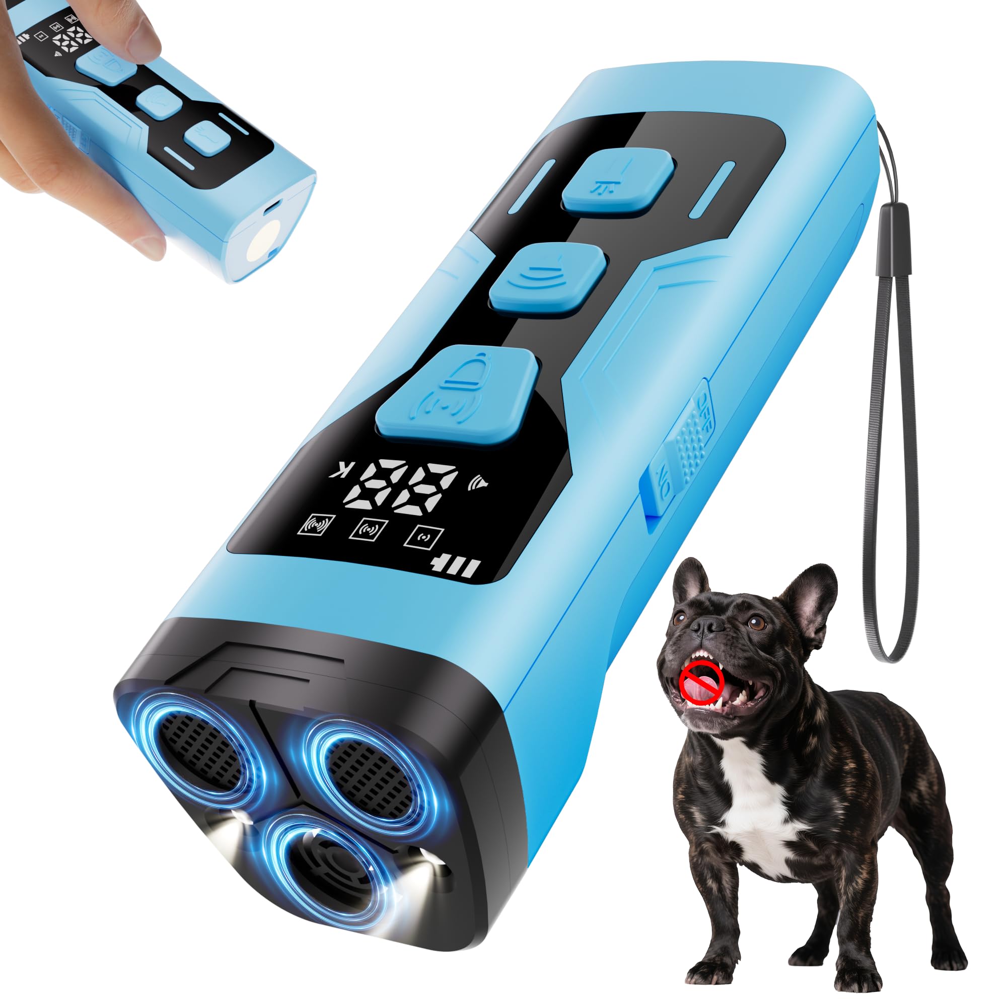 Anti Barking Device for Dogs, 3X Ultrasonic Dog Bark Deterrent Devices, 4 Frequencies 5 Training Modes 65ft Safer Alternatives to Bark Collars, Portable Design with Display for All Dogs (Blue)