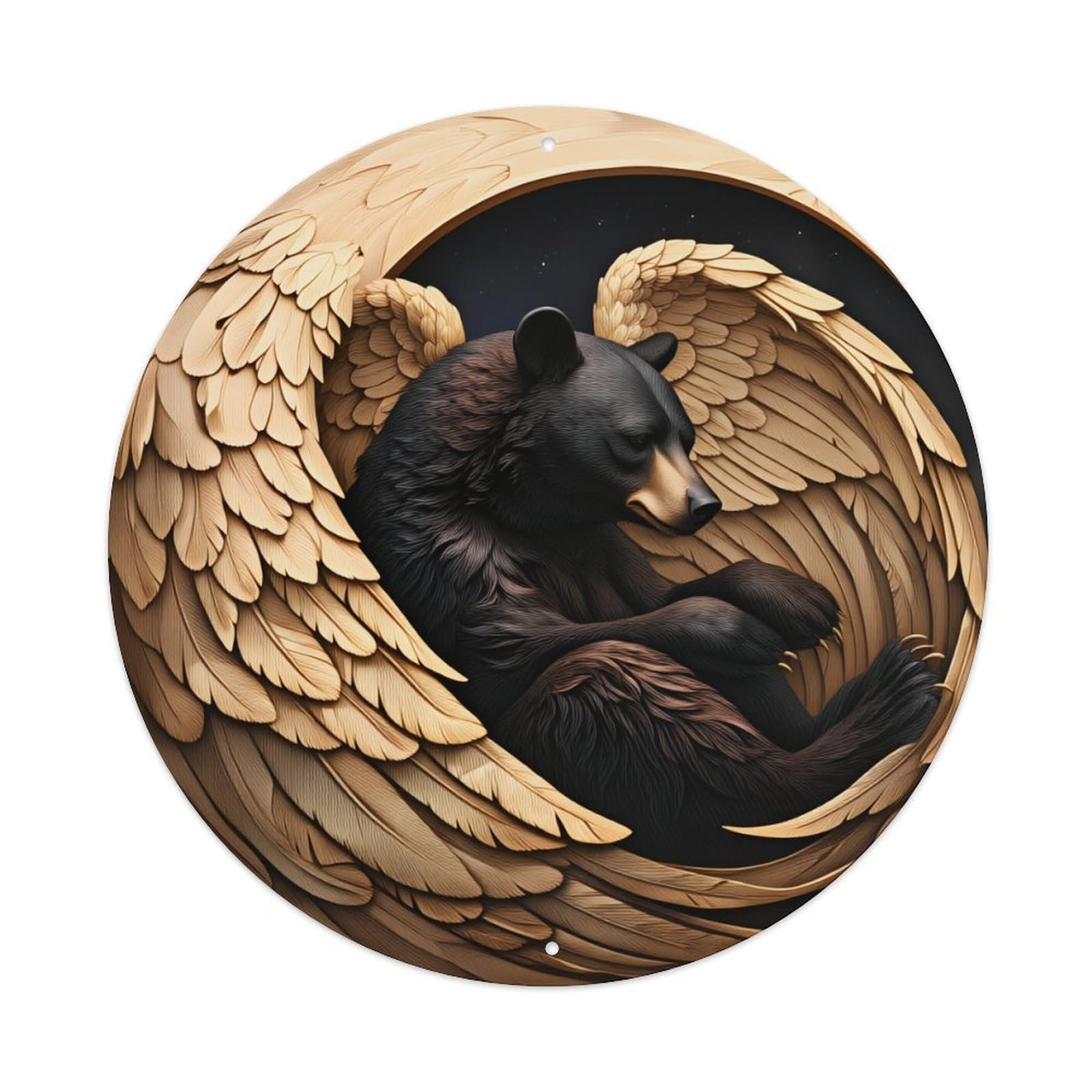 Bear With Wings In Circle Round Tin Sign Vintage Metal Poster, Home Bar Garage Man Cave Cafe Indoor & Outdoor Wall Decoration 8x8Inches