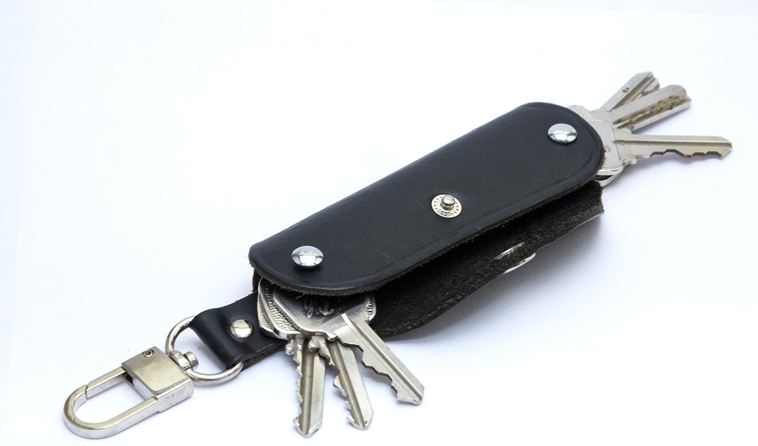 Smart Leather Key Ring Holder - Compact Keychain Organizer - Holds Up to 8 Household and Car Keys - Best Gift for Men & Women - Black