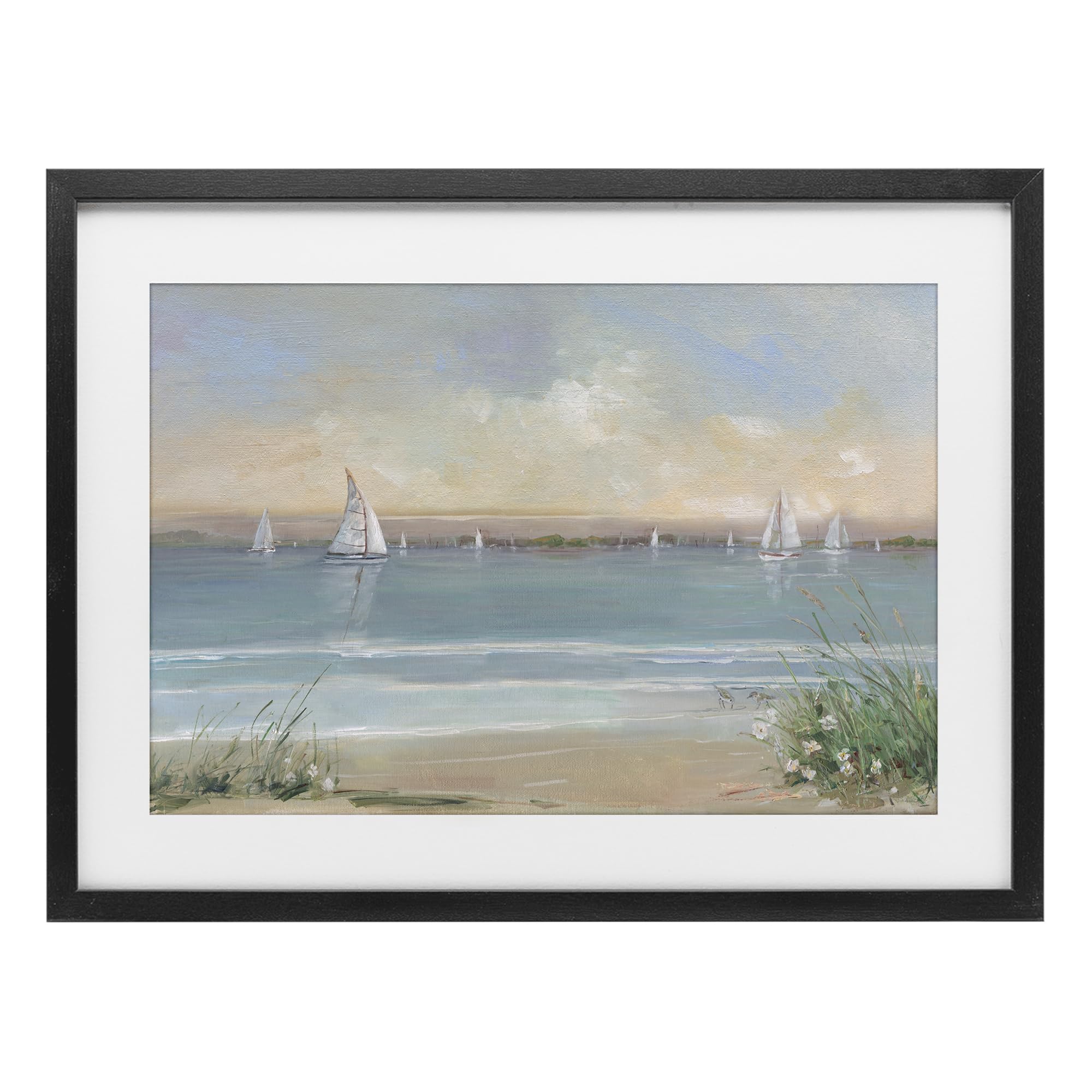 Stupell Industries Midnight Black (Textured) Coastal Sailing At Dawn Seaside, 17 X 23 Inch Framed Print Under Glass