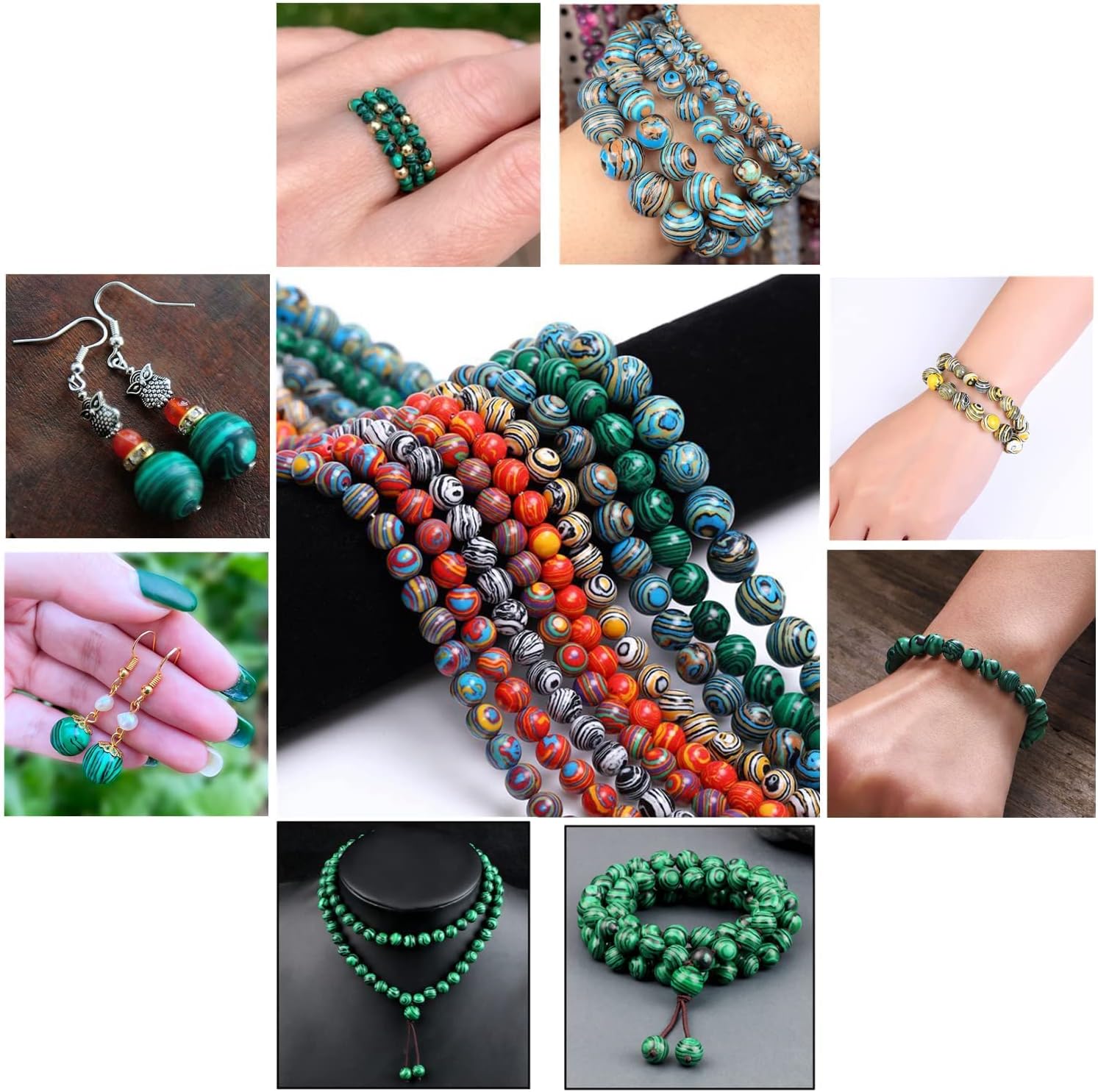 Natural Stone Beads, Beads for Bracelets Making, Bracelet Making Kit Beads, Malachite Beads for Jewelry Making, Crafting to Relieve Anxiety (8mm 190pcs) 190pcs 8mm Glass Beads