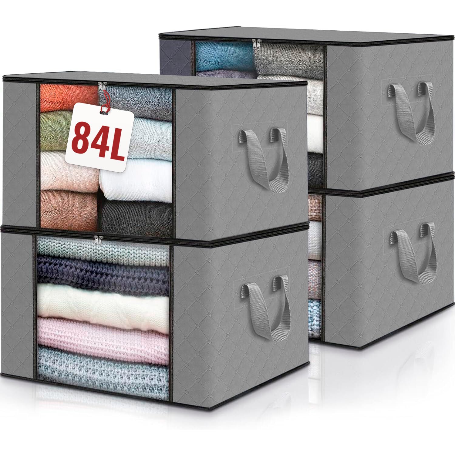 edihome, Clothes Storage Bag, (4 pieces), Wardrobe Organiser, with Reinforced Handles, Heavy Duty Cloth Pouches with Transparent Window (Light gray, Pack of 4)