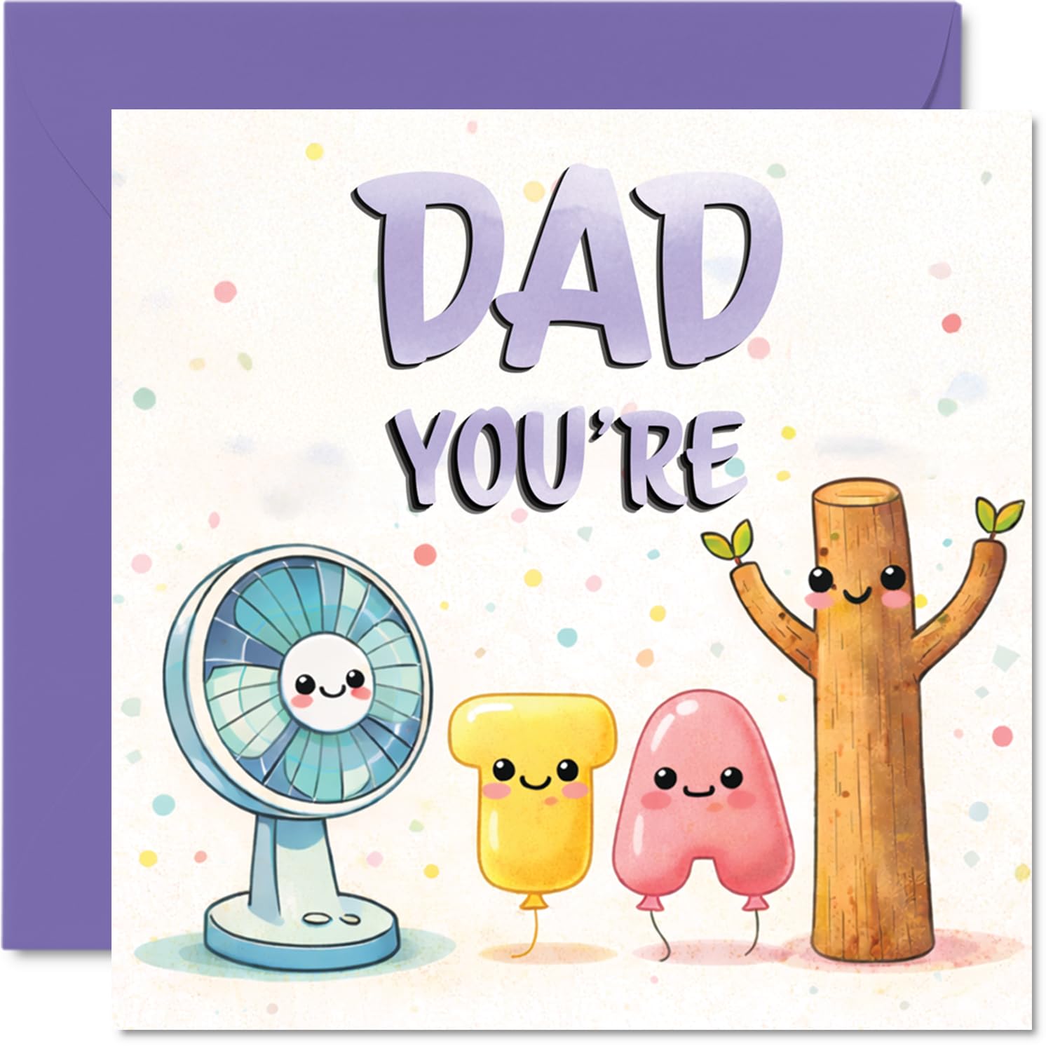 Playful Birthday Card for Dad - Cheerful Vibes for Dad - Whimsical Cartoon Characters with Pastel Purple Touches, Father's Day - 145mm Square, Envelope Included