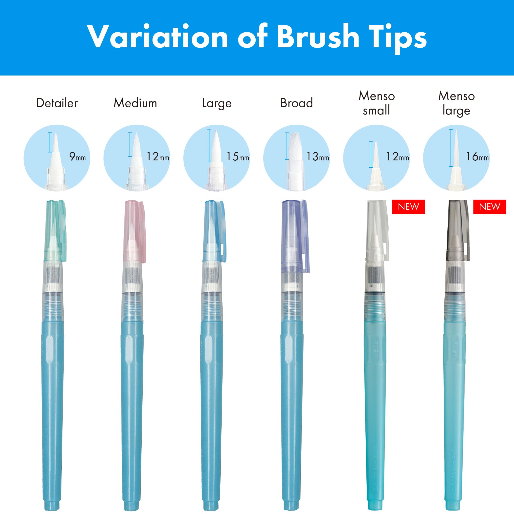 Kuretake Zig Water Brush Pen BRUSHS2O Long 6 Variety Set, for Watercolor Paint, Fude, Flat, Menso, Flexible Tips Assorted, for Professional, Artists, Made in Japan