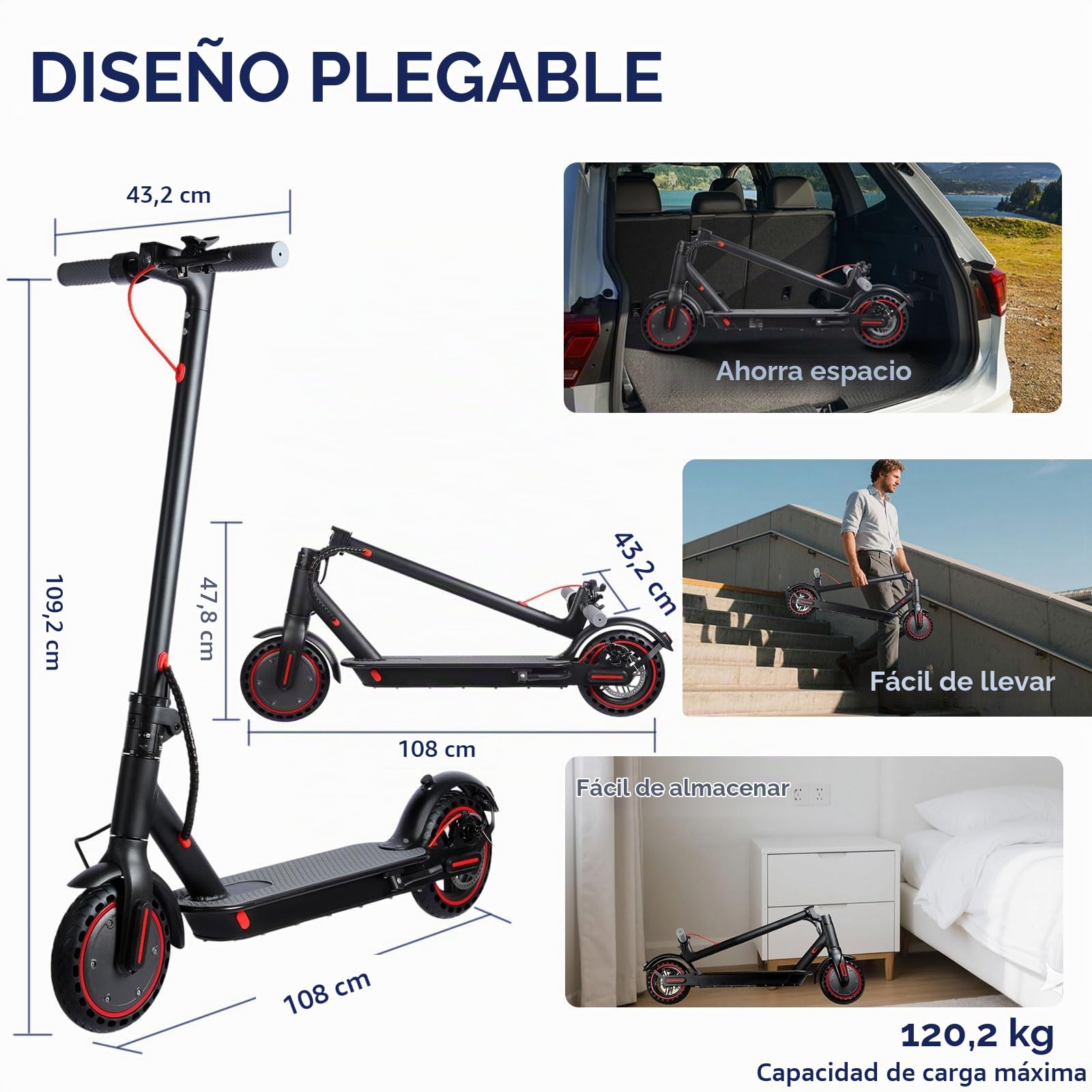 Patinete Eléctrico para Adultos, Ruedas De 8.5", 350W Motor Autonomía 20-30 km, 3 Modos De Elocidad, Carga 120 kg, Frenado Dual, Patinetes Electricos Plegables Adolescentes