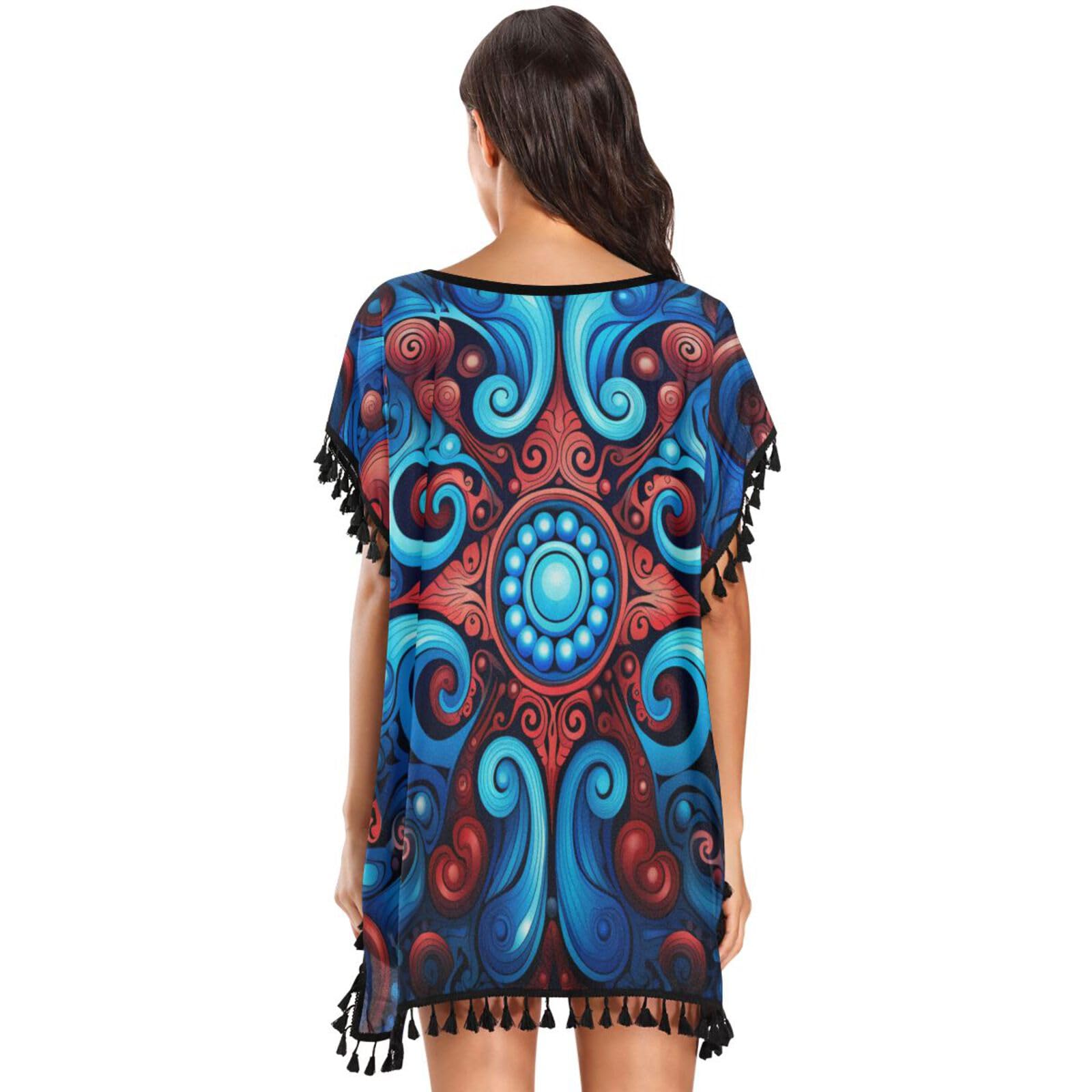 KAAVIYO Funny Octopus Abstract Blue Women's Beach Cover Up Chiffon Tassel Swimwear Swimsuit Coverups for Girl