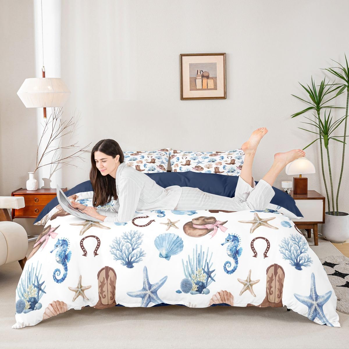 Homewish Motyw plażowy podwójna poszewka na kołdrę zachodni kowbojski zestaw pościeli dla dzieci nastolatków dorosłych ocean rozgwiazda i konik morski poszewka na kołdrę morska plaża muszla zestawy