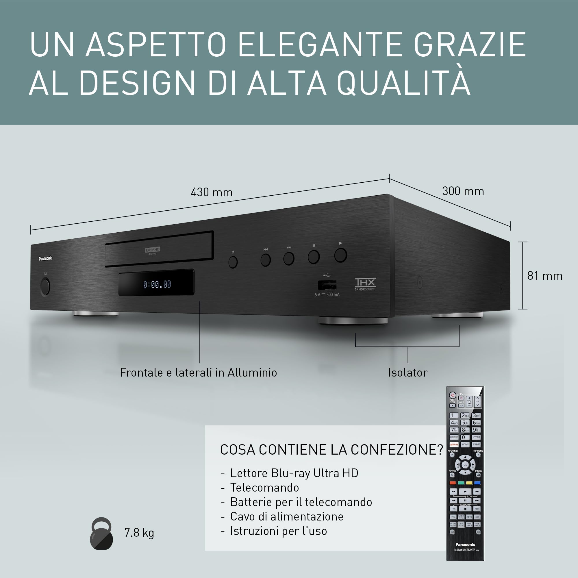Panasonic DP-UB9000 Lettore Blu-Ray Ultra HD 4K PRO HDR, Processore HCX, Twin HDMI, HDR10+, HLG, Dolby Atmos, Certificazione THX, Surround 7.1, Wireless LAN Built-In, Internet Apps, Nero
