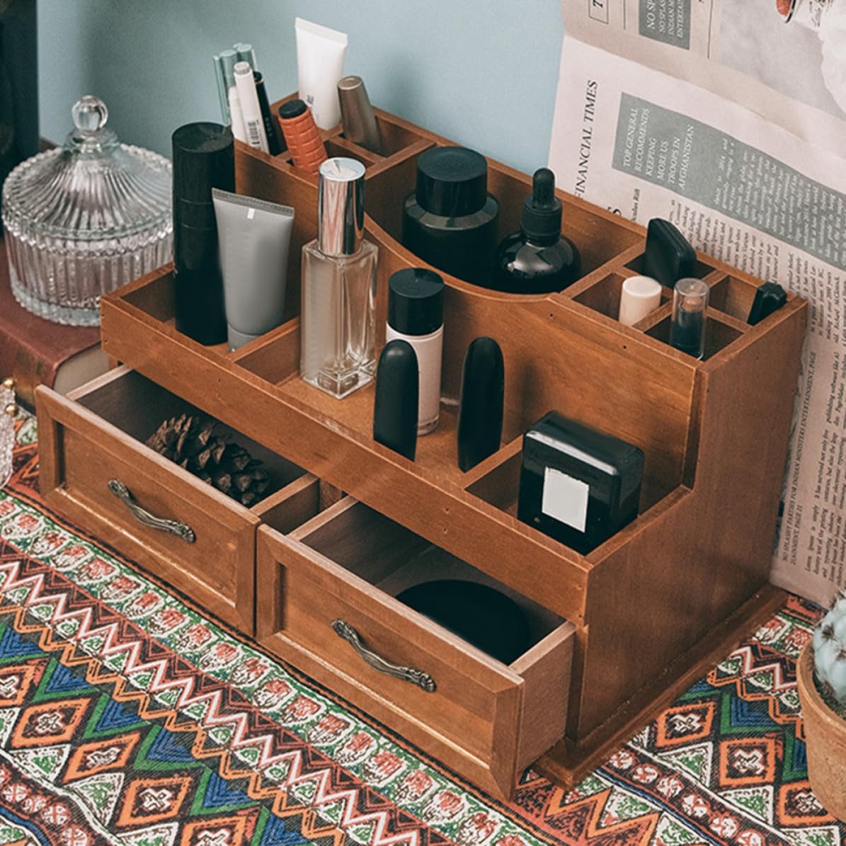 SHOWERORO Retro Holz Organizer mit Schublade, Mehrschichtigen Aufbewahrungsbehälter für Schmuck und Make up Werkzeuge, praktischer Schreibtisch Organizer für Büro und Zuhause