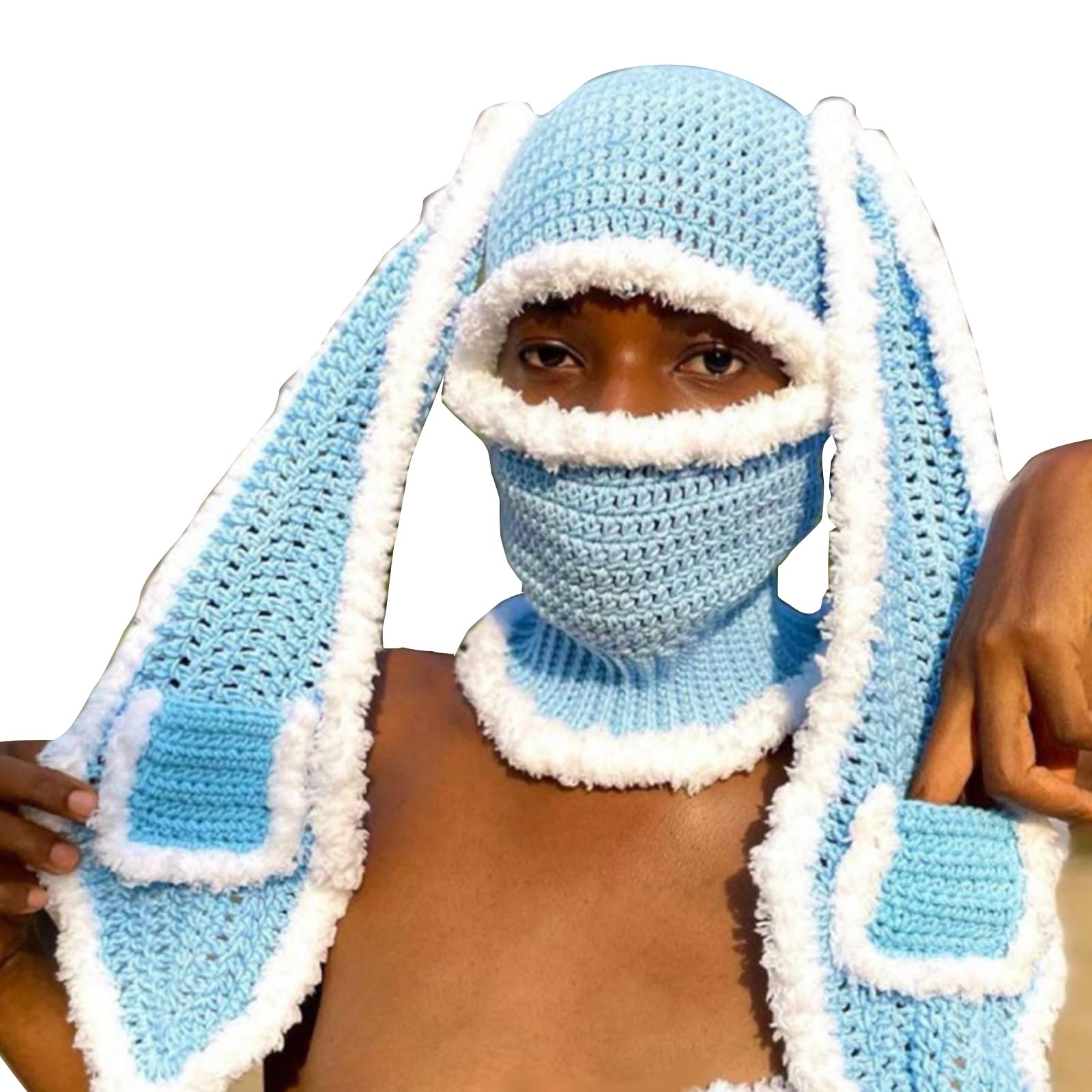 バラクラバ ニット ① キモカワ 個性的 青 Y2K グランジ ランドスケープ ウール ニット バラクラバ(1308URK)｜スモール