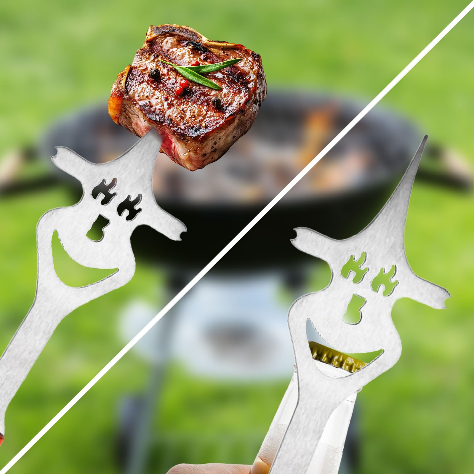 Set Ustensiles Barbecue 8 en 1, Spatule 42 cm et Fourchette 33 cm, Acier Inoxydable, Bois, Décapsuleur