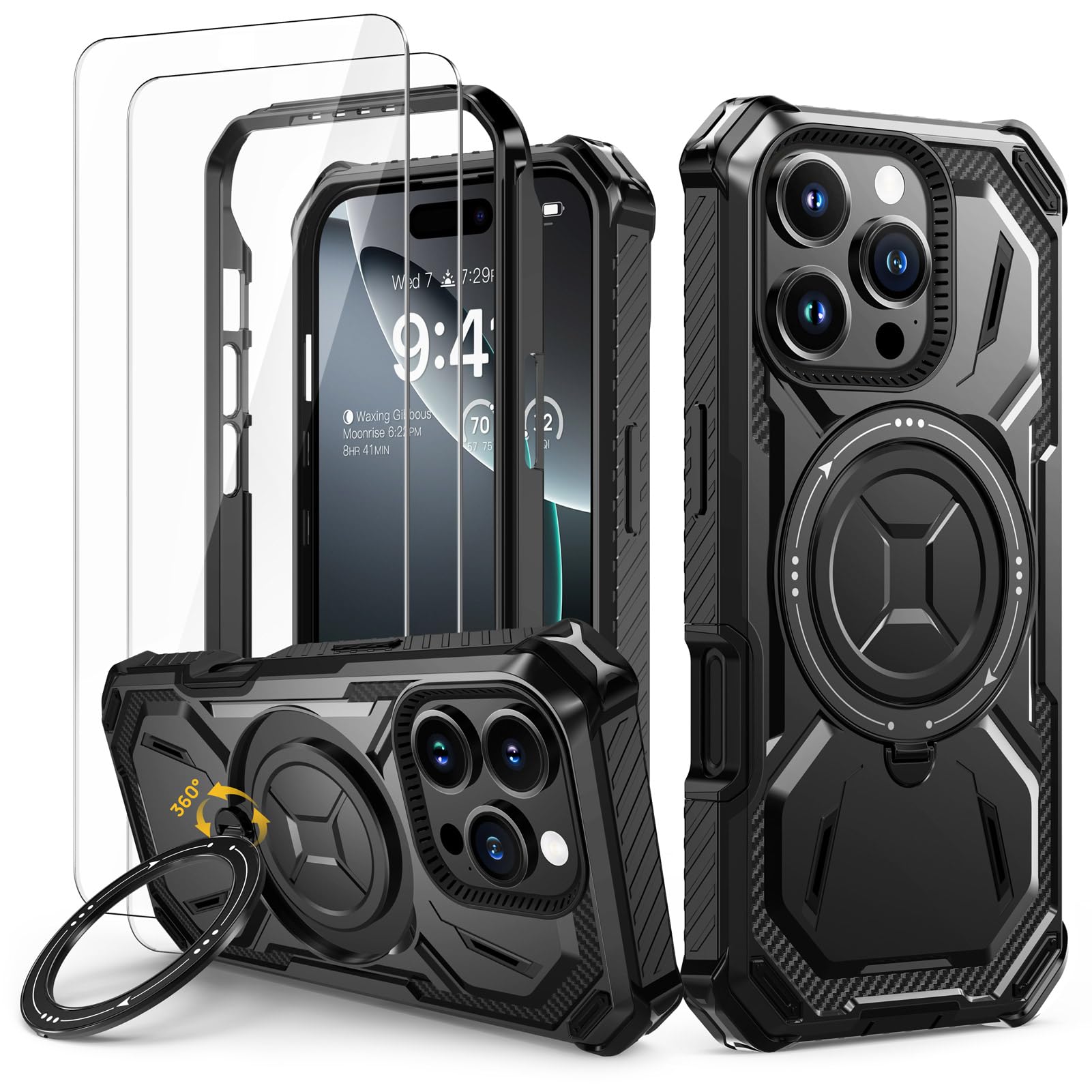 Lanhiem Cover per iPhone 16 Pro Max con 2 Pezzi Vetro Temperato, 14FT Antiurto Anticaduta Militare,Supporto Magnetico Anello a 360° Protezione Armor Protezione, Custodia per iPhone 16 Pro Max, Nero