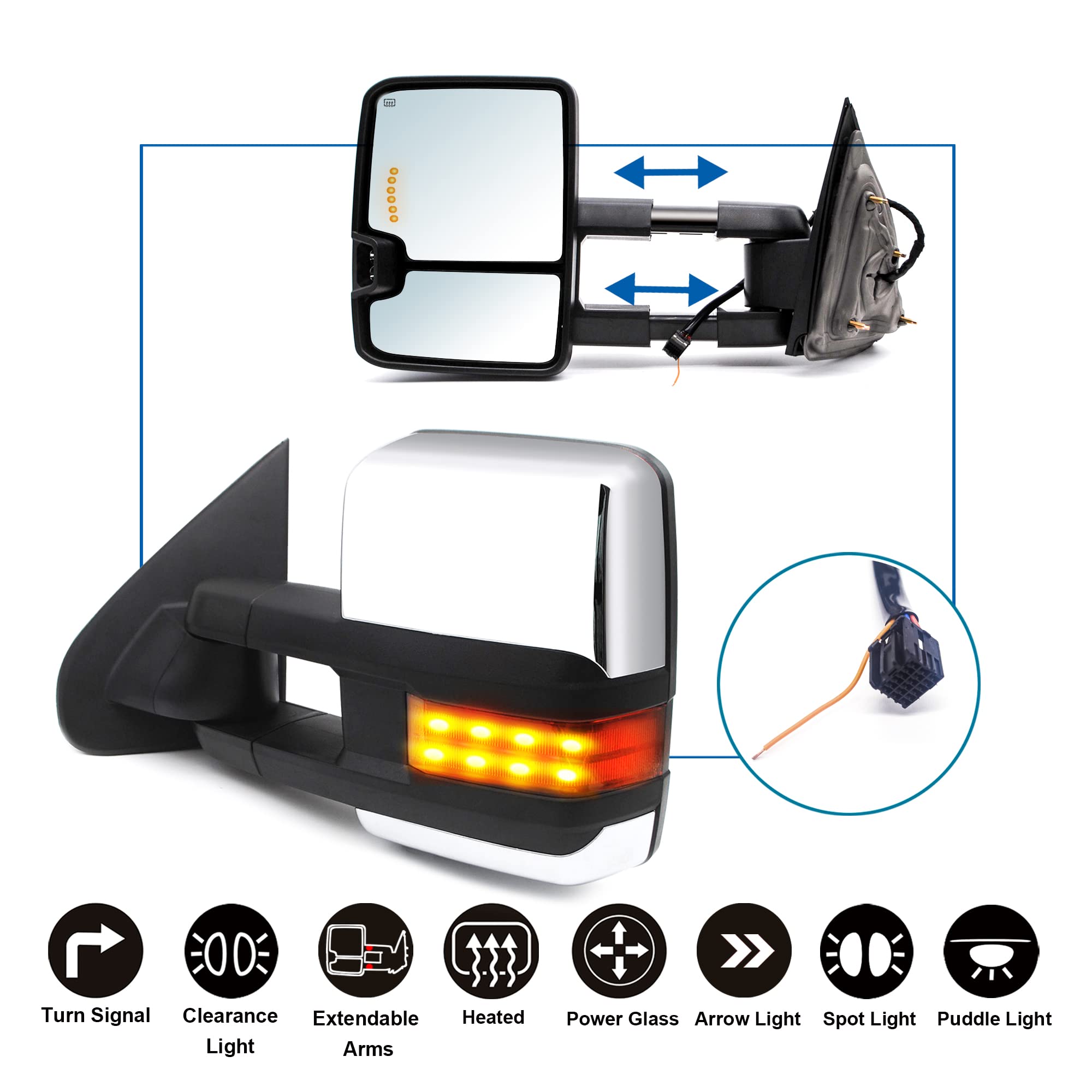 JZSUPER Towing Mirrors fit for Chevy Silverado GMC Sierra 2014-2018 1500 2500HD 3500HD with Power Heated Turn Signal Backup Lamp Extendable Chrome