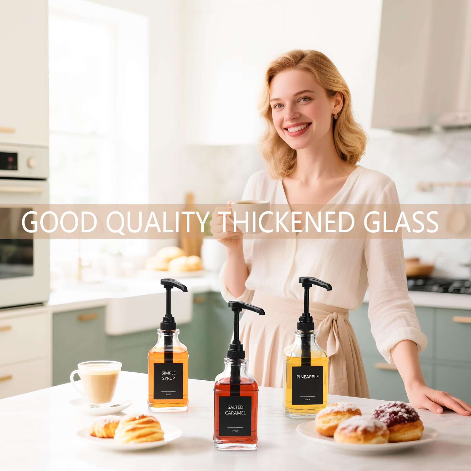 YBCPACK Kaffee Sirup Spender 3er Set 500ml, Auslaufsichere Pumpspender Sirup Glas mit Etiketten, Sirup Flaschen zum Befüllen für Kaffeebar und Küche