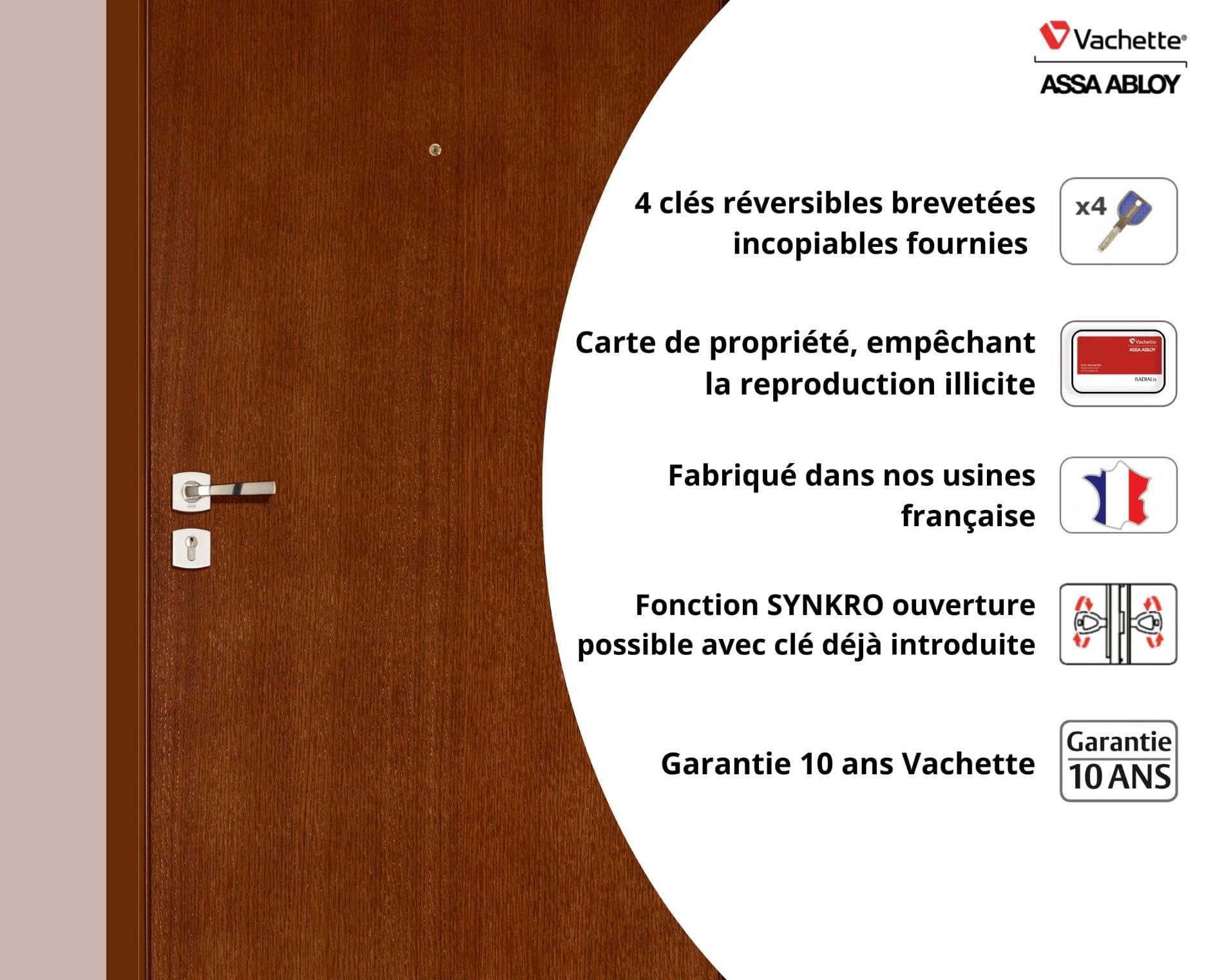 Vachette RADIALis - Cylindre de Serrure Débrayable SYNKRO 32,5x32,5 mm Inox, Sécurité Maximale, pour Porte extérieure, porte d'entrée - 4 Clés Incopiables, Carte de Propriété
