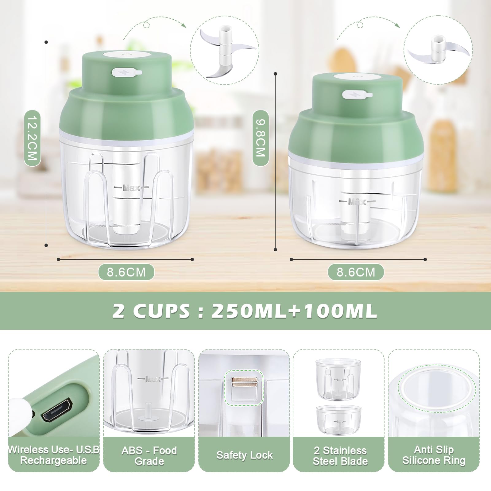 Tritatutto Elettrico Da Usb Ricaricabile Da 250 Ml Mini Robot Da Cucina Senza Fili Per Alimenti Cipolle Aglio Prezzemolo, Verdure E Frutta, Vaniglia