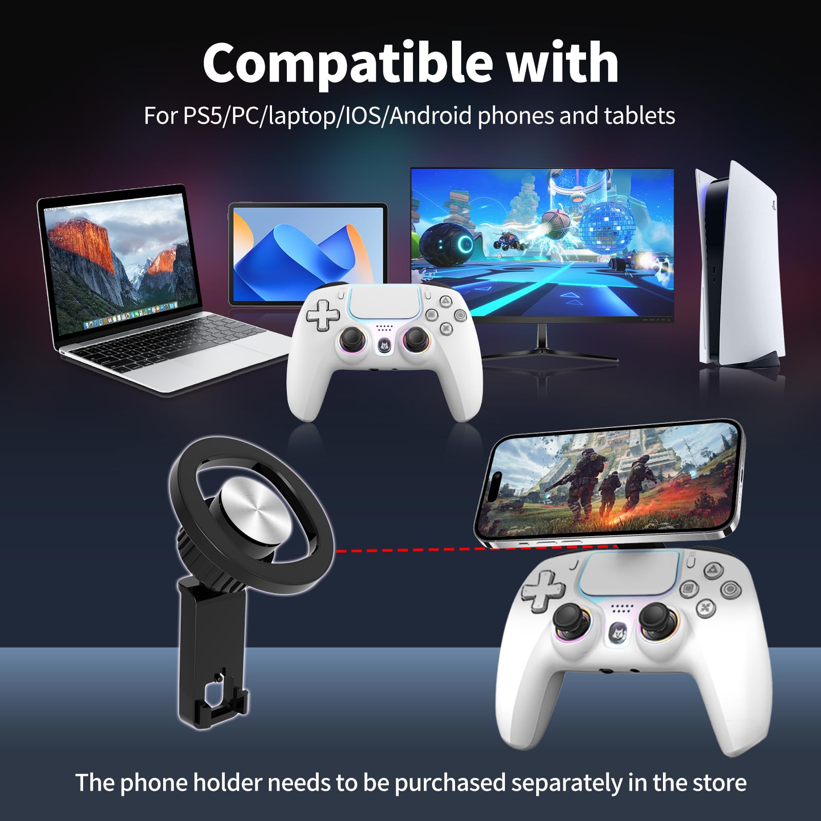 Wireless Controller for PS5, Compatible with PlayStation 5 /PS5 Pro/Slim/PC, with Hall Effect Joysticks, Back Paddles & Macro, Turbo, Dual Vibration, 6-Axis Gyro, RGB Ring, 1000mAh, 3.5mm Audio Jack