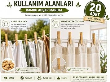 20 Adet Bambu Ahşap Mandal Doğal Çamaşır Mandalı BPA İçermez Çok Amaçlı Dekoratif Hobi ve Paketleme Kullanımı