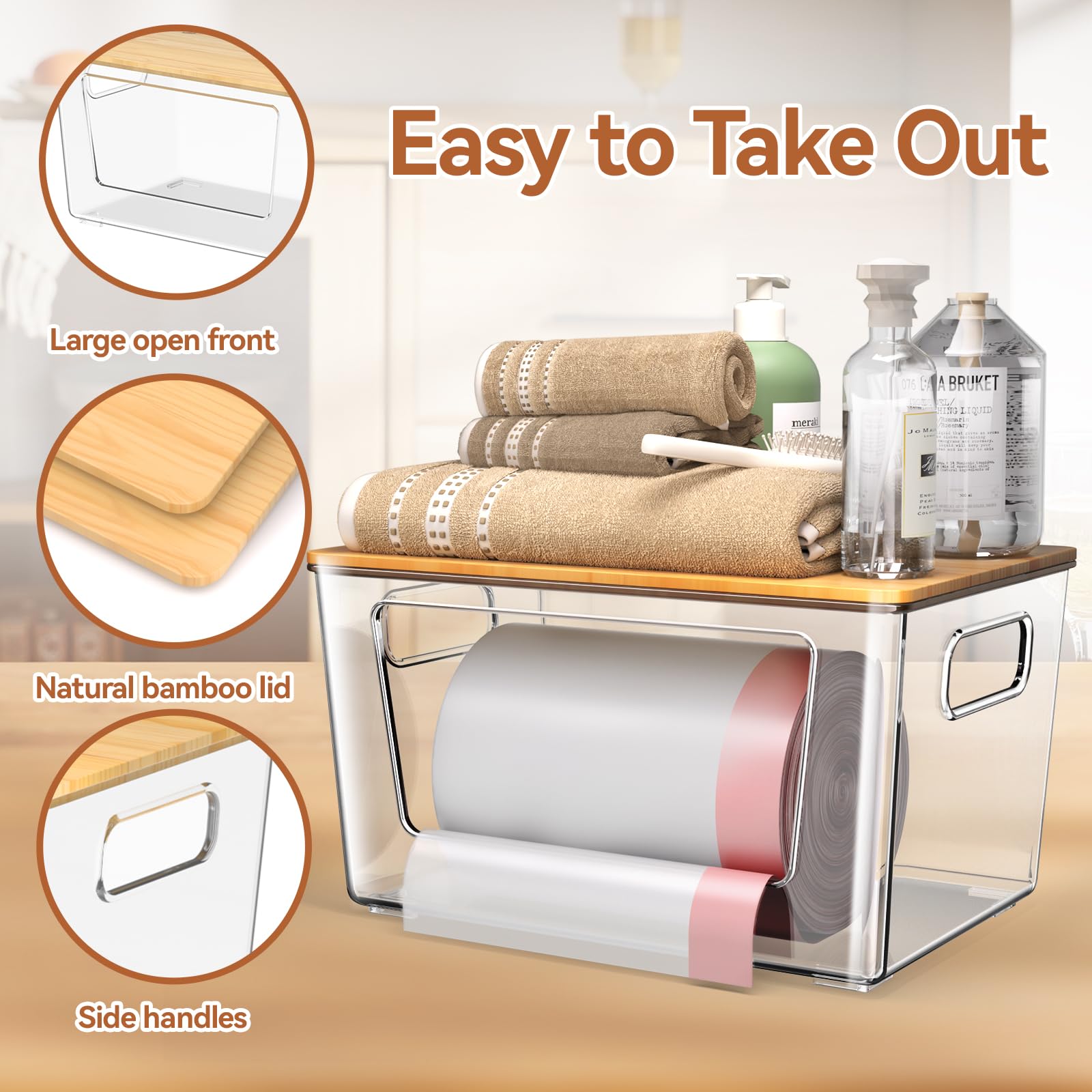 spospo Paquete de 2 soportes para bolsas de basura con tapa de bambú, dispensador de bolsas de basura apilables | Soporte extra grande para bolsas de basura para cocina, lavandería, organización y almacenamiento debajo del fregadero