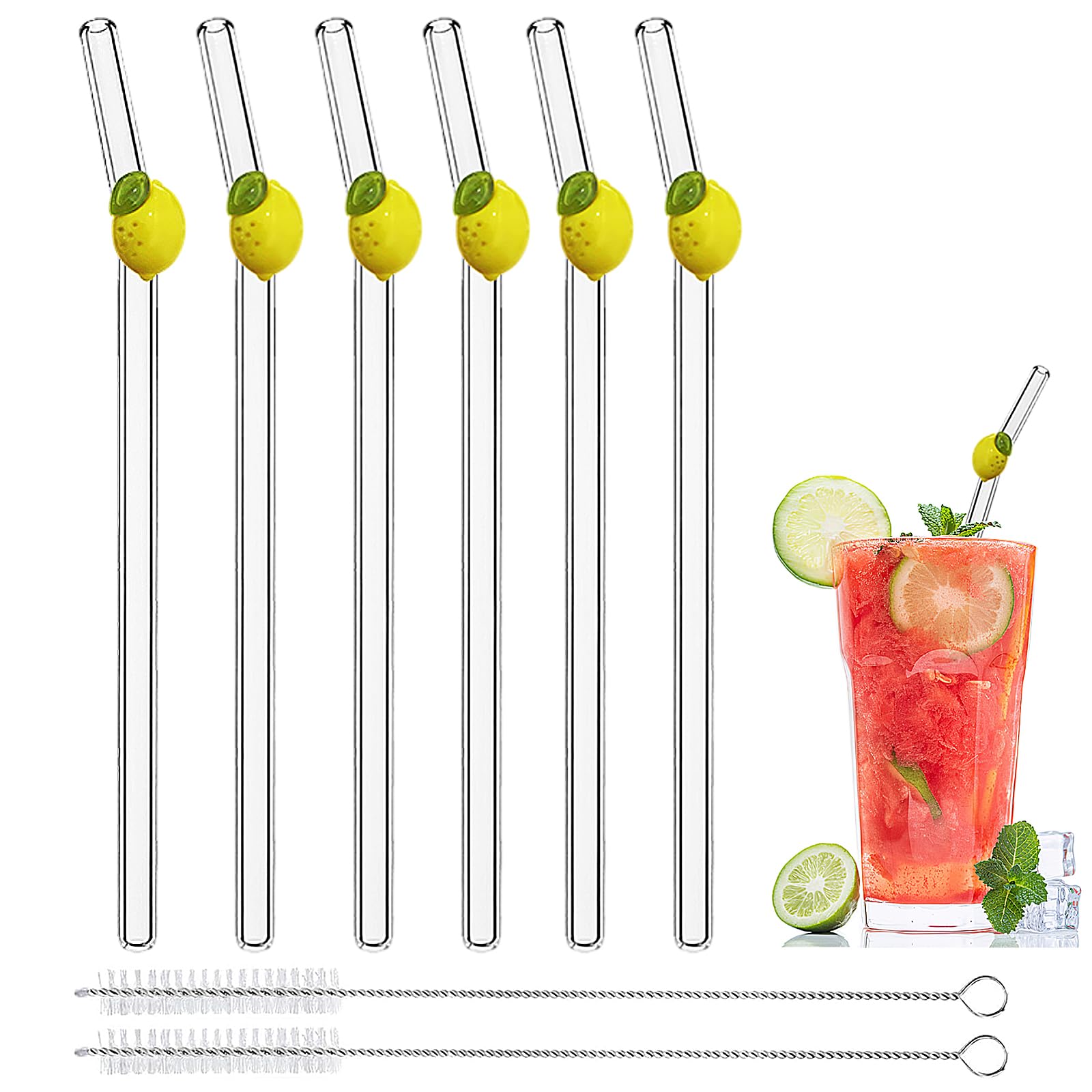 Reusable Glass Straws with Charms, 7.9'' x 8mm Cute Clear Drinking Straws for Smoothies, Coffee, Juice, Milk, Cocktails, Set of 6 Bent and 2 Cleaning Brushes (Yellow Lemon) โ image 1