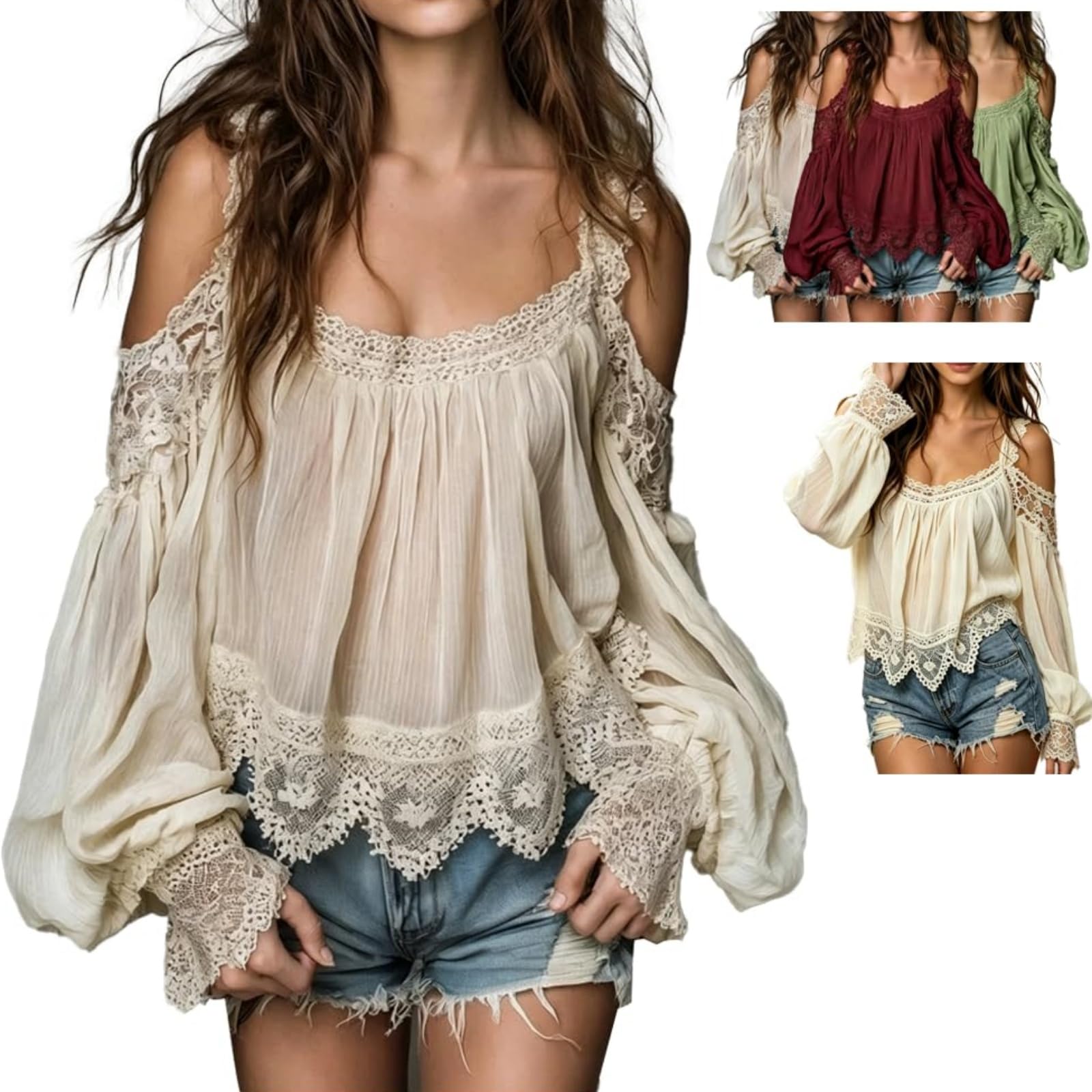 Blusa para Mujer con Mangas abullonadas y Volantes; Top Estilo Boho con Hombros Descubiertos, Efecto Encaje y Tirantes superpuestos (Ideal para Bodas o Eventos semiformales).