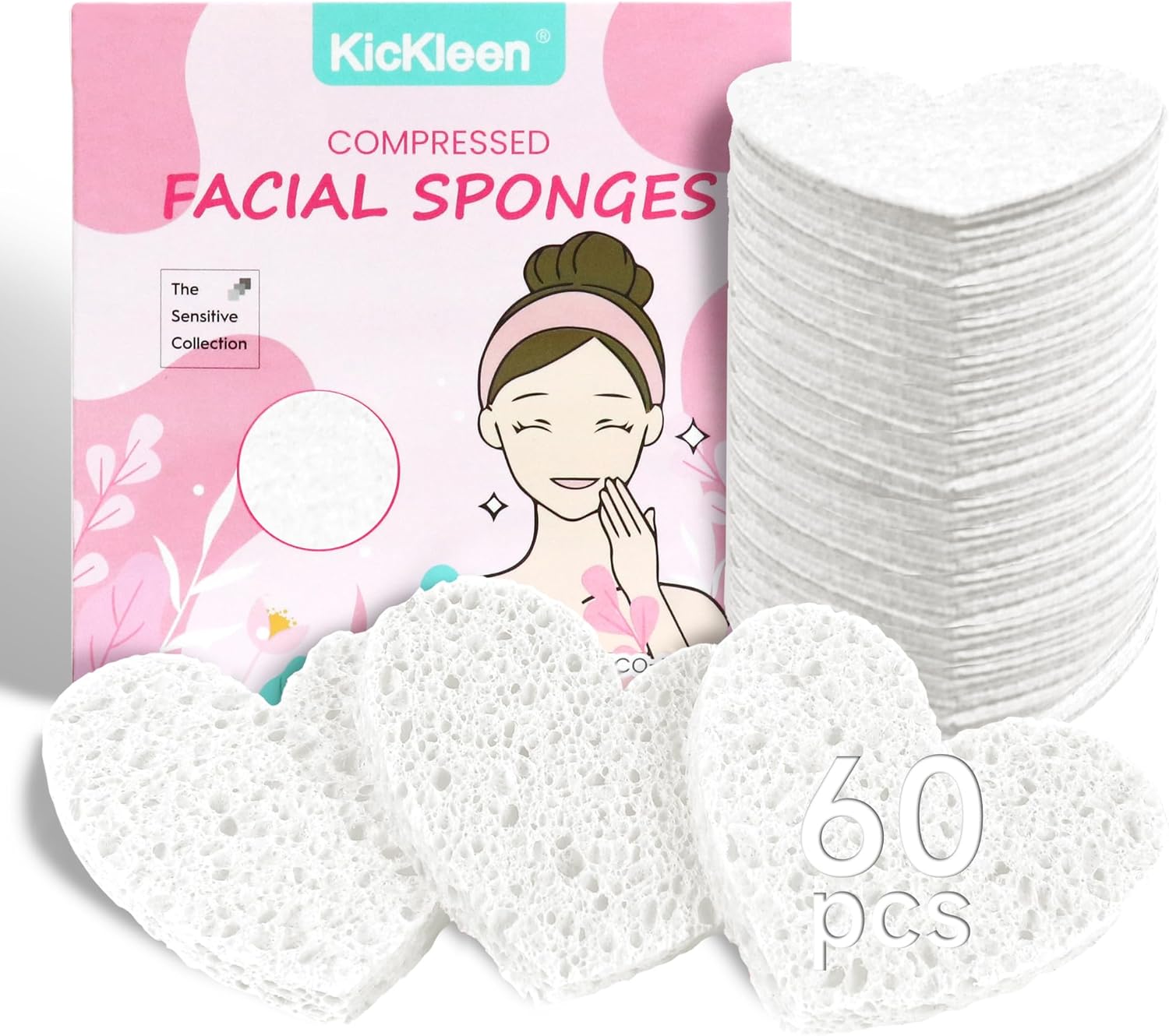 60-Count Compressed Cellulose Heart Shape Facial Sponges | 100% Natural Cosmetic Spa Sponges for Facial Cleansing | Exfoliating | Makeup and Mask Removal | Reusable |Skin Massage (White)