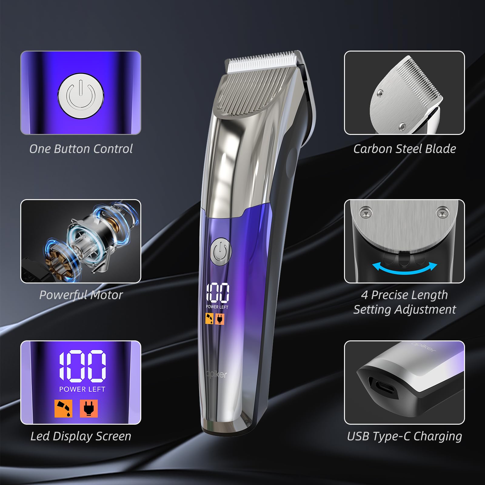 Apiker Tagliacapelli Uomo Professionale, Macchinetta per Capelli, Rasoio Elettrico Barba Capelli Lama Regolabile Acciaio Carbonio Ceramica con 4 Pettini Set, Macchinetta Regolabarba Display a LCD