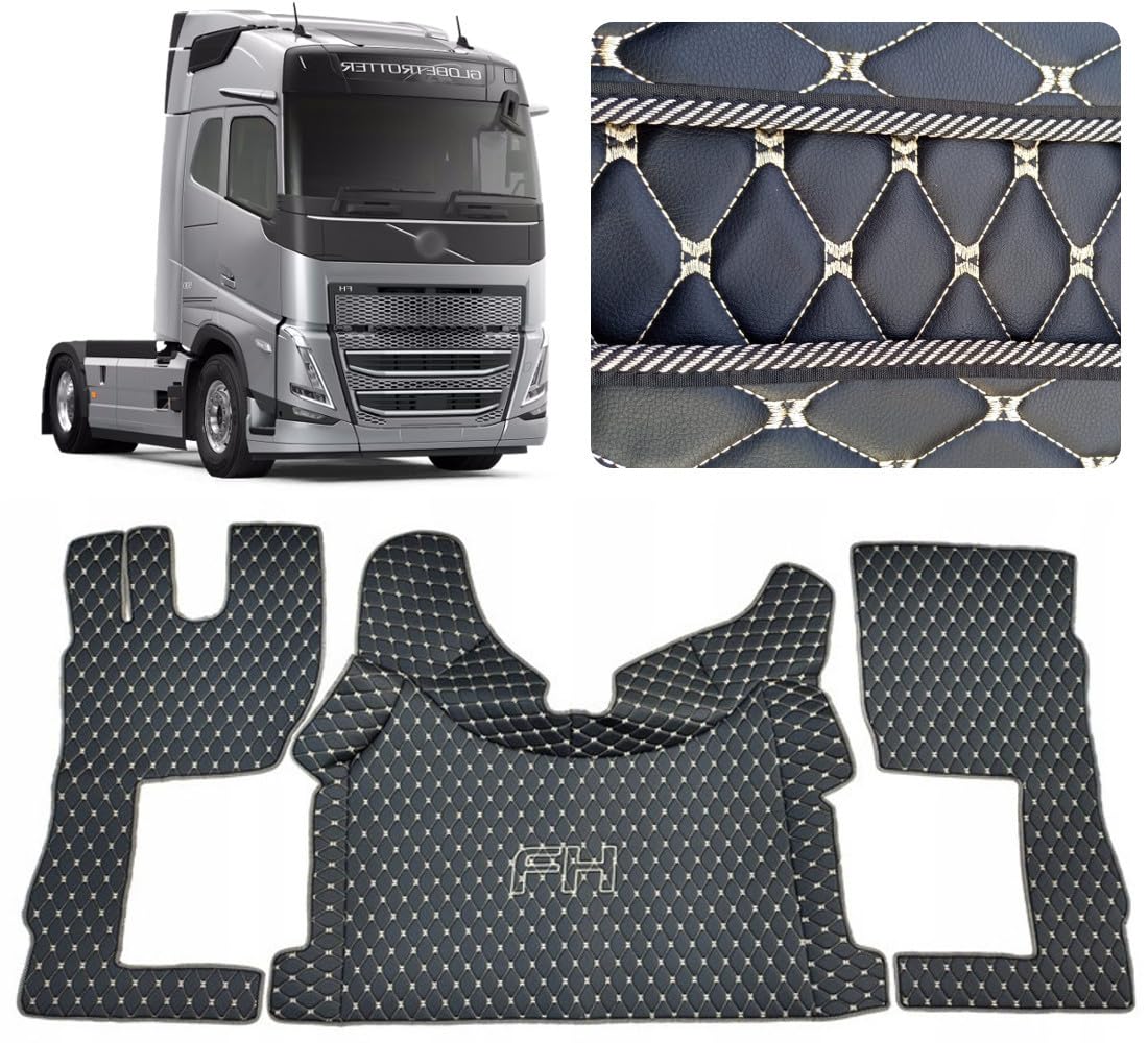 Dywanik samochodowy do kabiny kierowcy samochodu ciężarówego. Zestaw kompatybilny z VOLVO FH4 FH5 FH Aero (Czarny, beżowe nici)