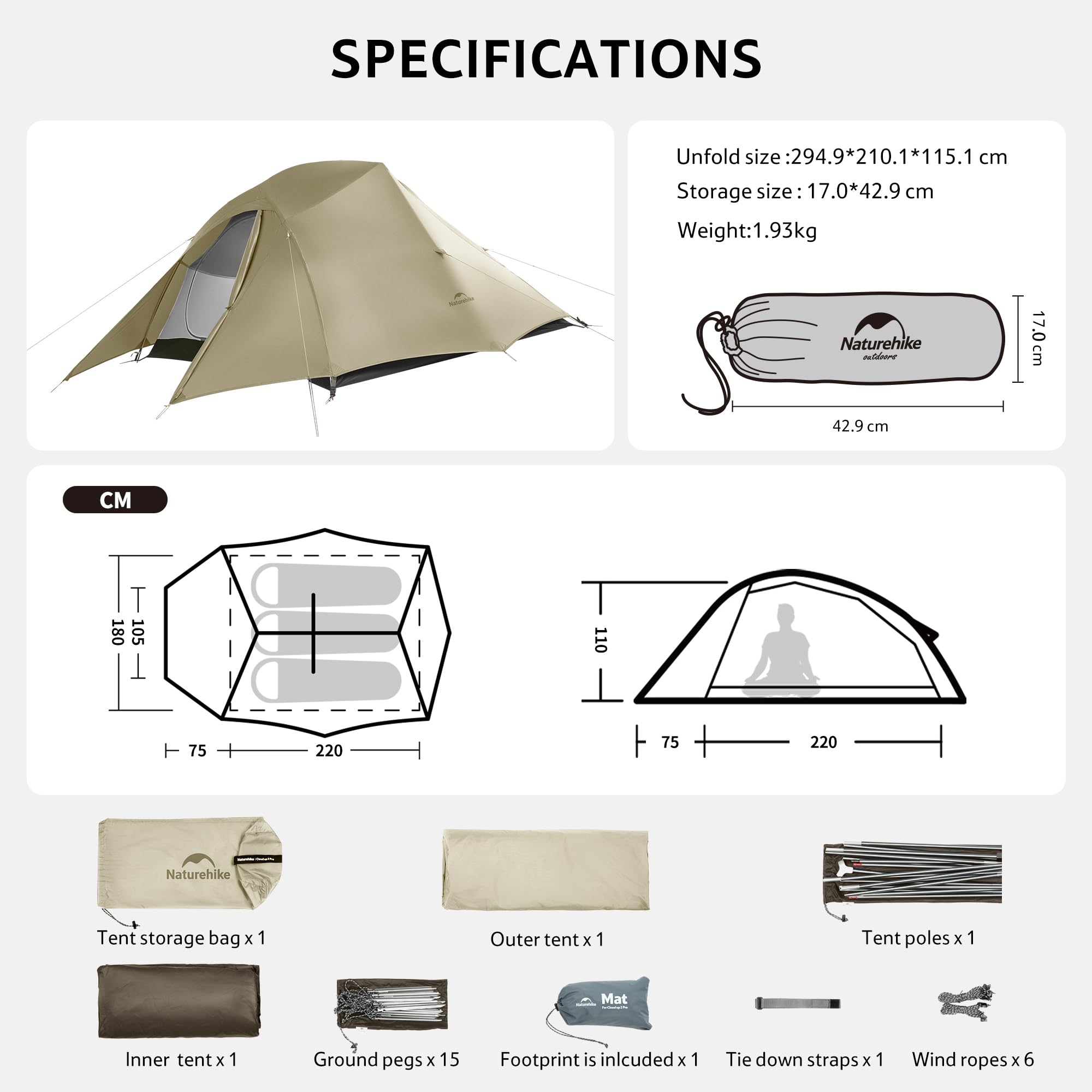 Naturehike Cloud Up Pro Tienda de campaña ligera para 3 personas, fácil montaje, resistente al viento e impermeable, para viajes al aire libre, trekking