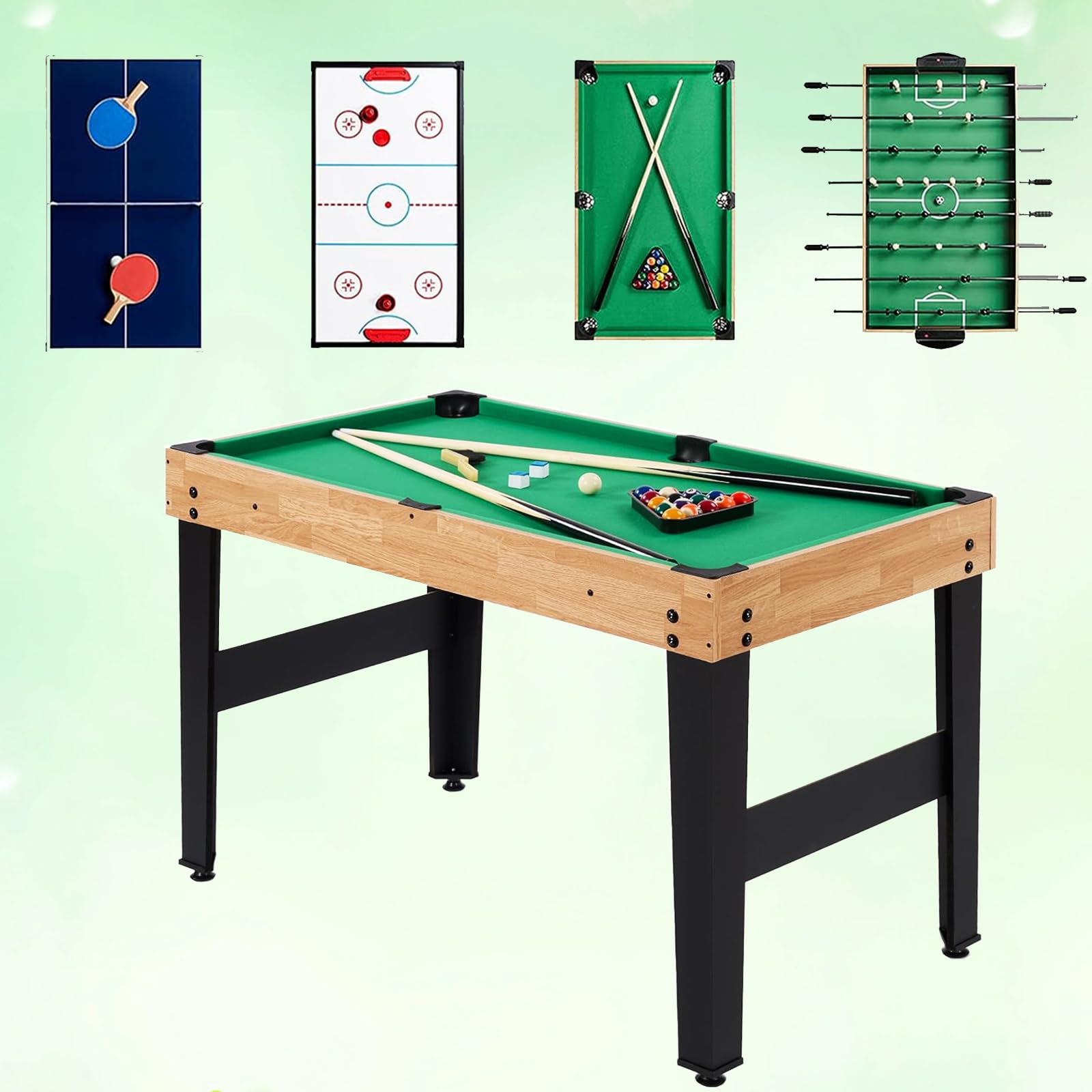 4 in 1 Multi Sport Spieltisch, Combo Spieltisch für Kinder Billardtisch, Kickertisch, Tischtennistisch, Air Hockey mit allem Zubehör tolles Geschenk für Kinder (4ft, 1.2m)