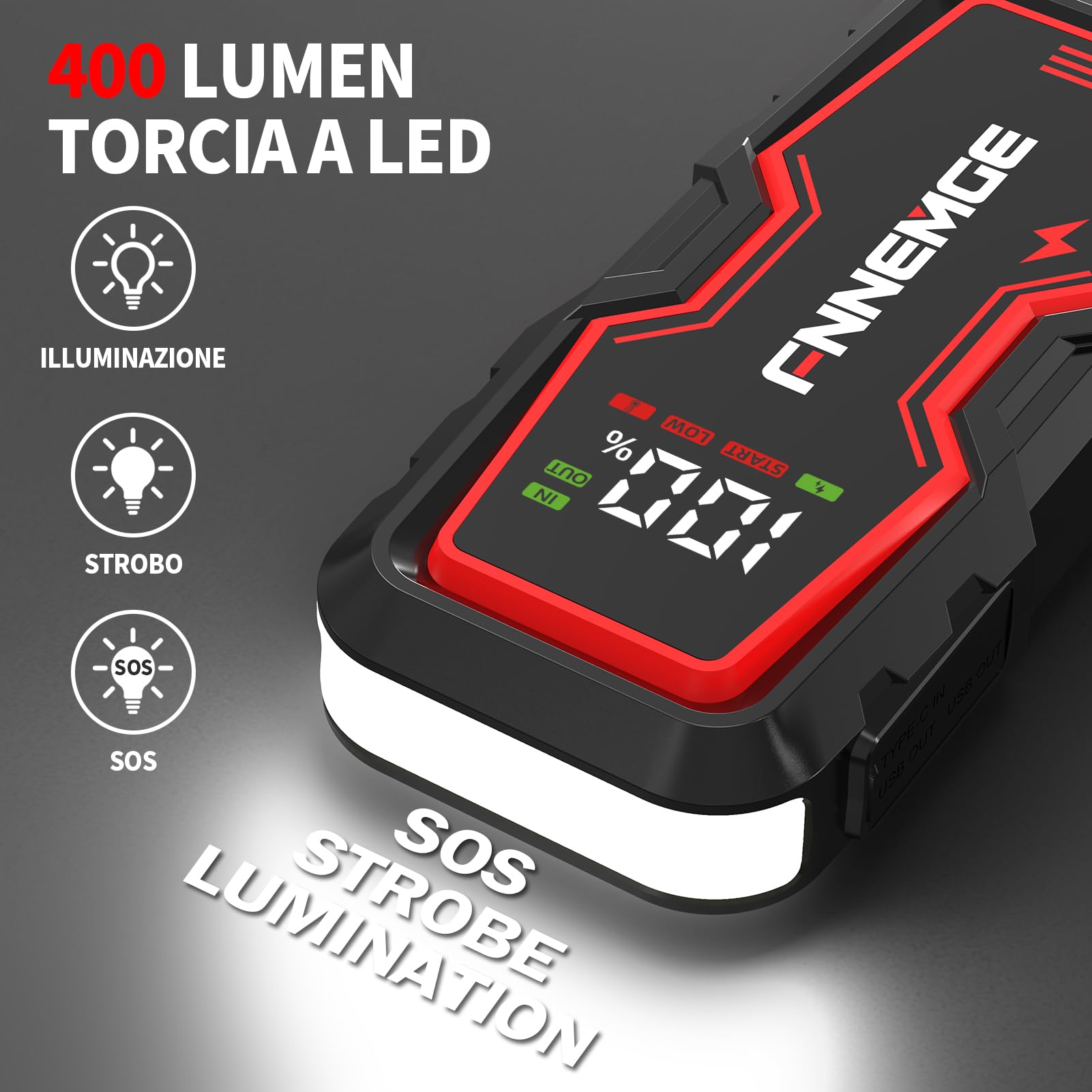 FNNEMGE Avviatore Batteria Auto, 9000A 26800mAh Avviatore Emergenza per Auto （Tutti i Veicoli a Benzina o 10,0L Diesel),Avviatore di emergenza, Jump Starter, con di Uscita USB, Luce LED.