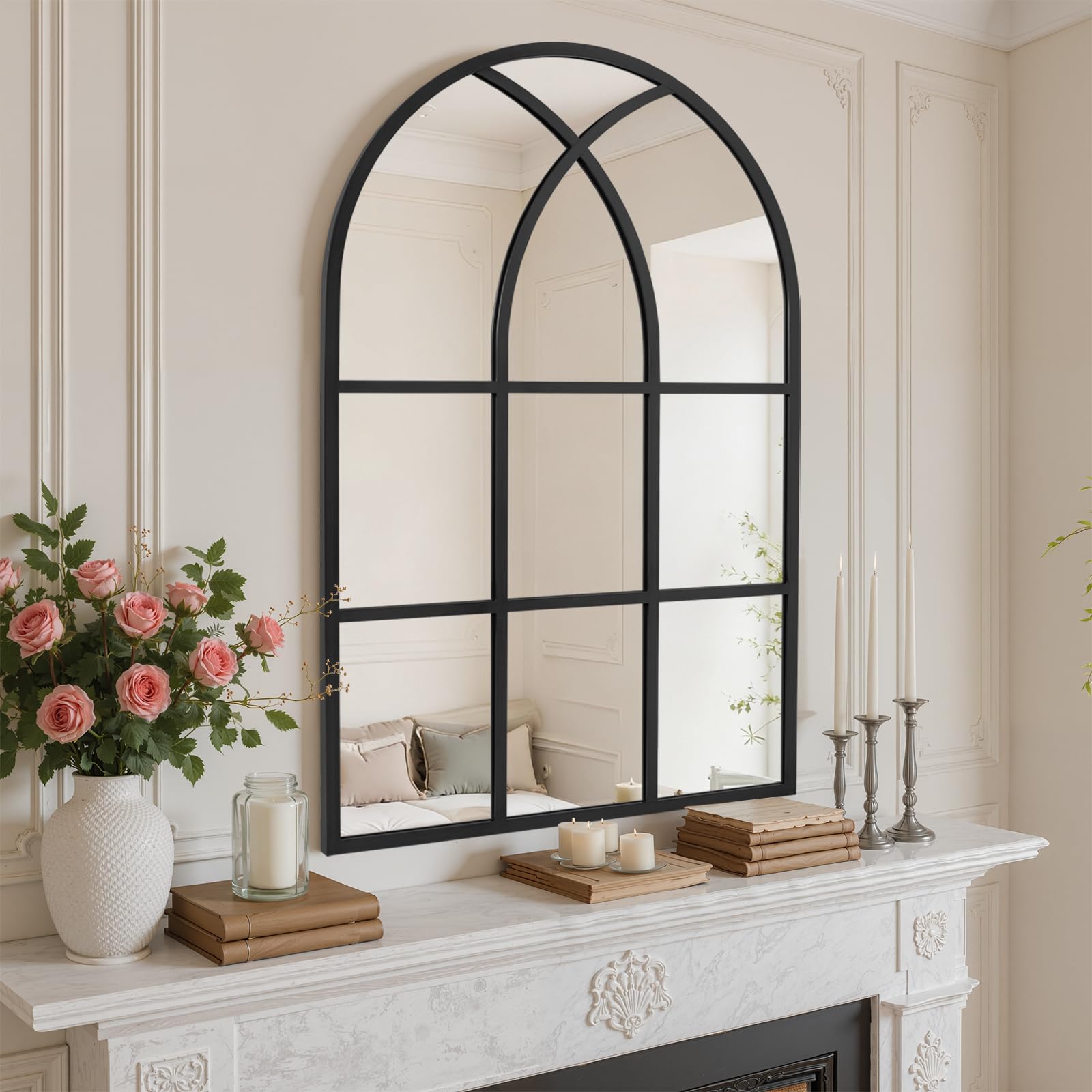Reflix Espejo de ventana arqueado, 75 x 100 cm, espejos de pared para decoración de jardín al aire libre, espejo gótico envejecido con marco de aluminio para pasillo, sala de estar, dormitorio