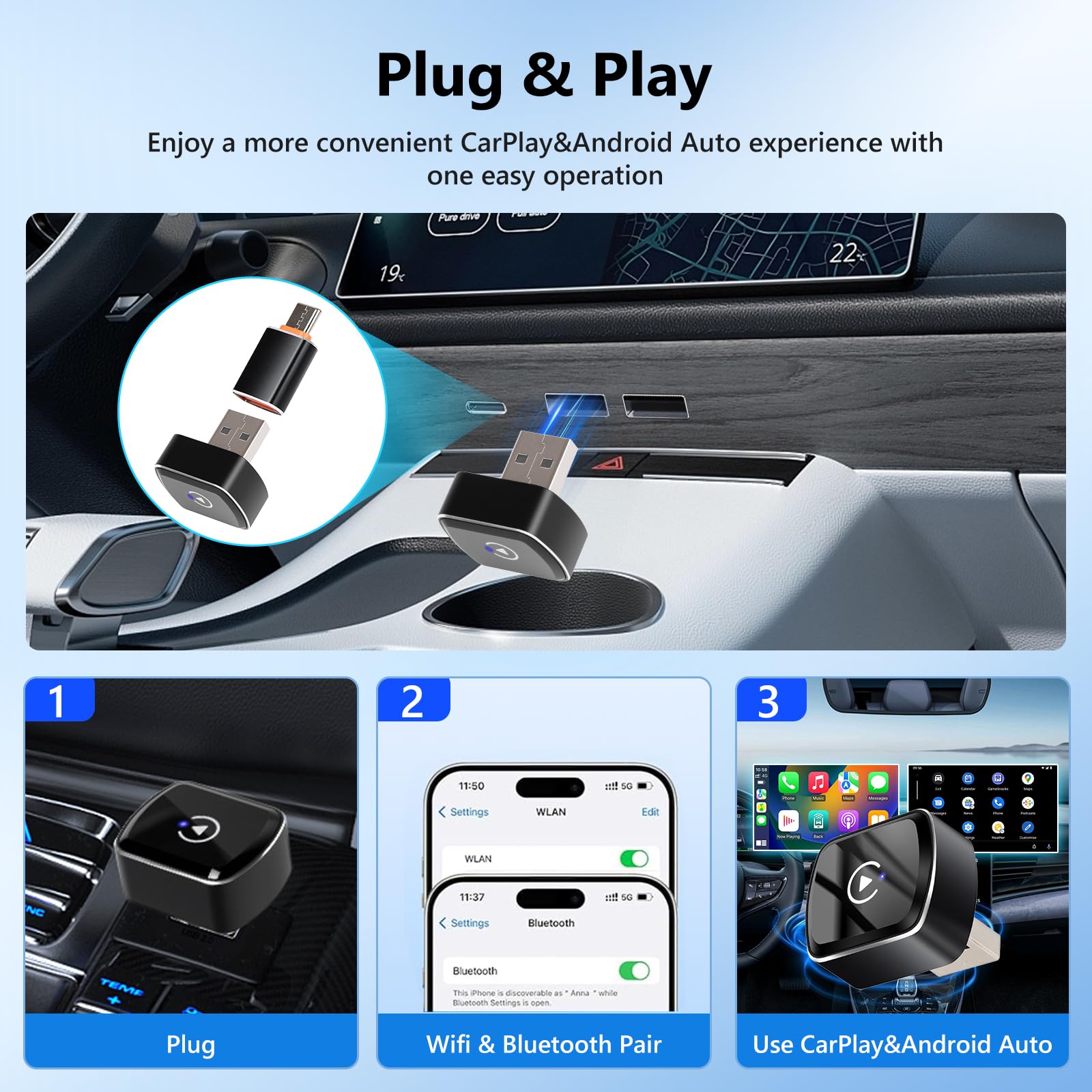 Motorsi Senza Fili Adattatore Carplay/Android Auto, 2-in-1 Converte il Cavo di Fabbrica in Un dongle Carplay Senza Fili per Auto Plug & Play Carplay con A-pple Phone iOS 10+ / Android 11+