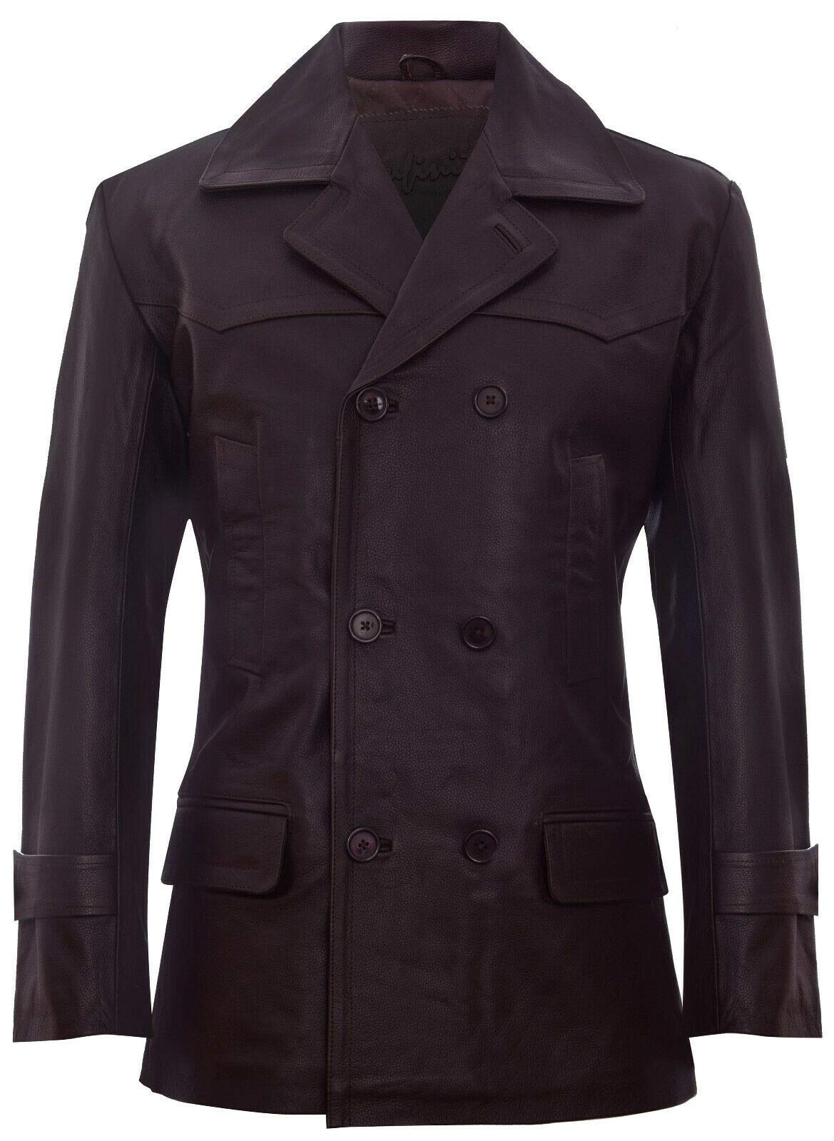 Mens Brown Cow Hide Leather Jacket Dr Who Naval German Pea Coat XS