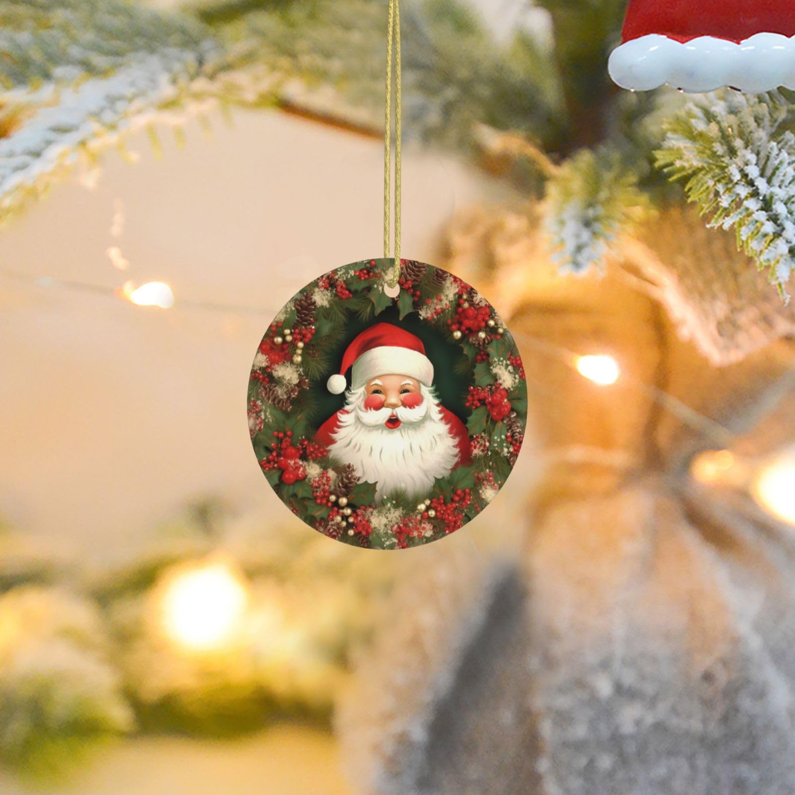 Christmas Tree Ornaments Ceramics Christmas Round Decorations Santa Claus Wreath Ceramics Ornaments Circle Pentagram Xmas Tree Hanging Pendant for Christmas Tree Party Holiday Home Decor