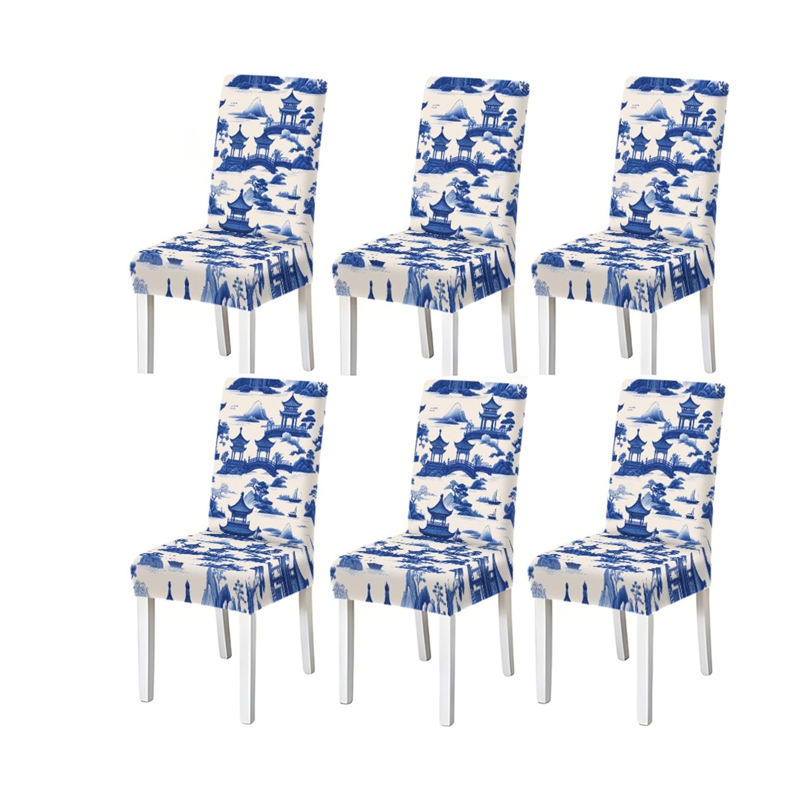KXUAUV Blue White Chinoiserie Landscape Pattern Print Dining Chair Covers Set Of 2/4/6, Stretch Slipcovers For Kitchen Dining Room Seat Protectors for Restaurant Hotel Party(6PCSChair cover)
