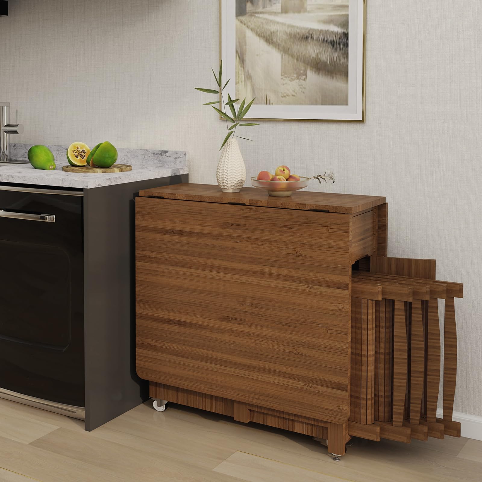 Folding Dining Table Set for 4, Bamboo Foldable Kitchen Dinning Set with Chairs, Double Drop Leaf Devise, Inside of Dinner Table Can Store Fold Chairs