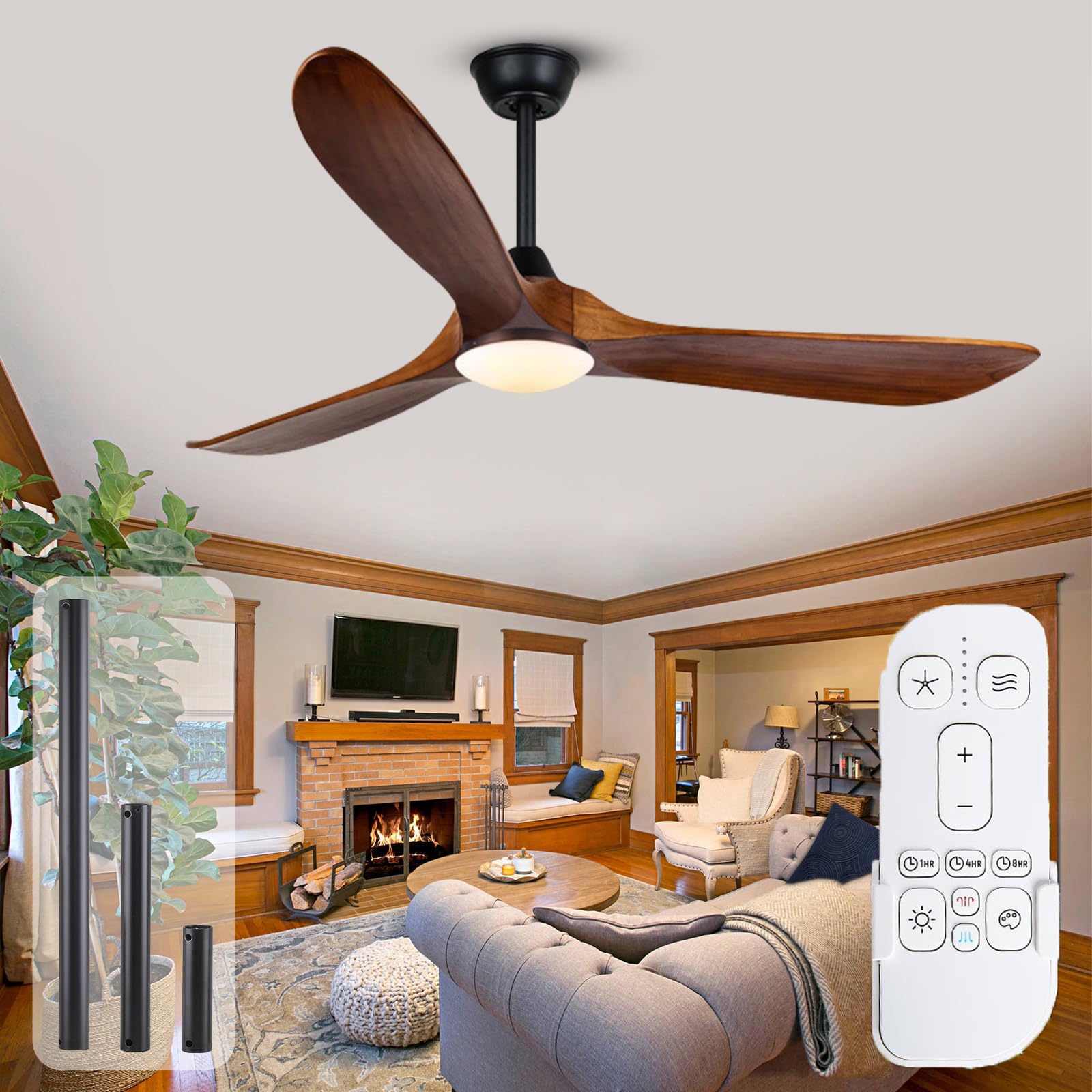 OUENGKCeiling Fans with Lights and Remote, 60 Inch Wood Ceiling Fan with Dimmable LED Lights, 3 Blades 6 Speeds Quiet Reversible Ceiling Fan for Bedroom, Living Room, Outdoor Patio, Porch