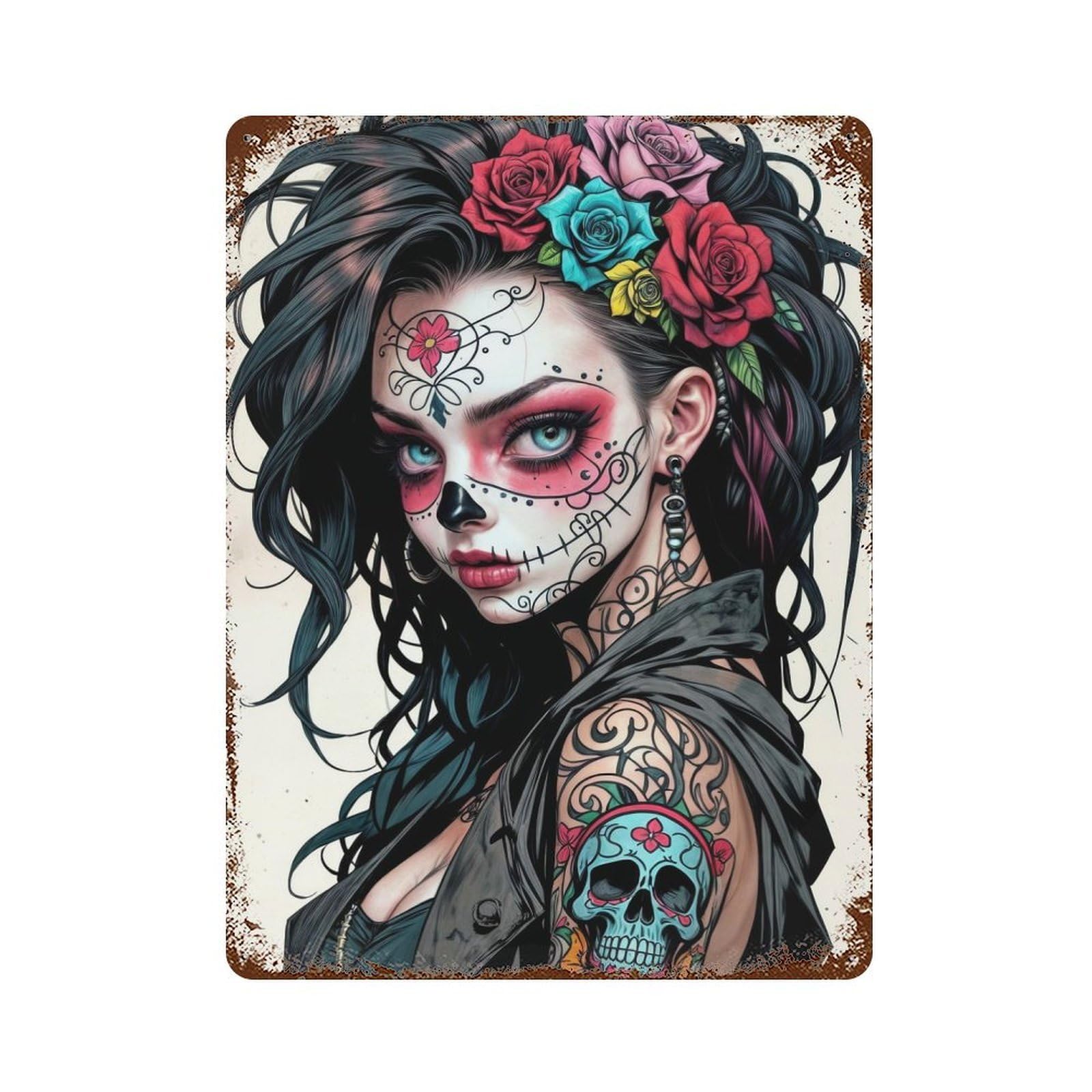 Sugar Skull Girl Weathered Tin Sign 15.7"x11.8", Retro Wall Decor for Pub, Kitchen And Man Cave Decor