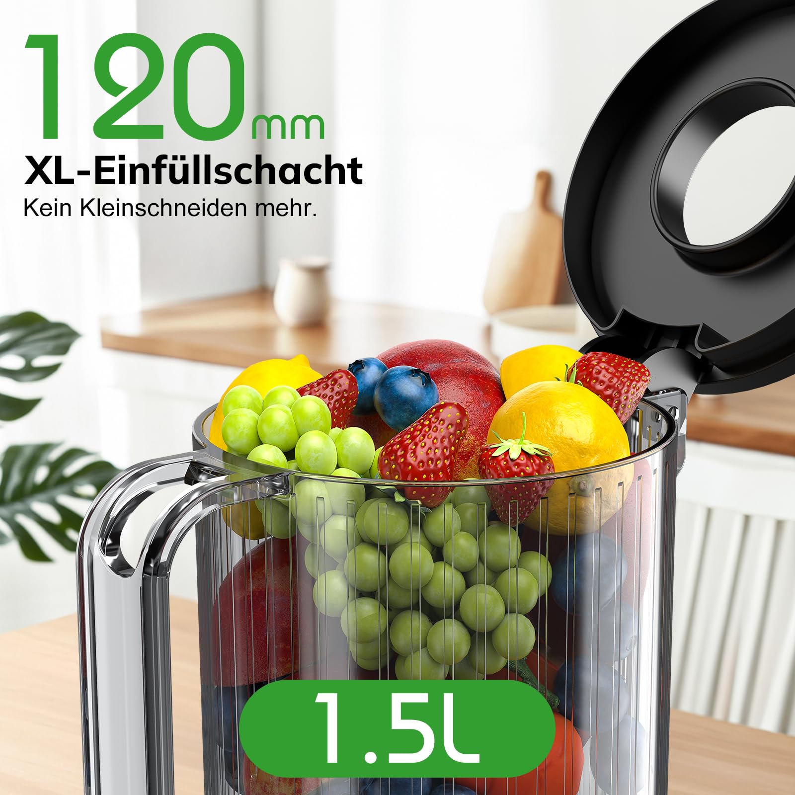 Kotopa Entsafter Gemüse und Obst, Slow Juicer mit 120 MM XL-Einfüllschacht, 600 mL Saftbehälter, Elektrische Kaltpress Saftpresse für Familien, Gesundheitsbewusste, Einfache Reinigung(Grau)