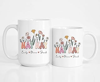 Nay Nay Mug With Grandkids Names - Personalised Nay Nay Mug - Custom Nay Nay Mug - Floral Name Mug - New Nay Nay Gift - Gift Wildflower Mug - White Cups 15oz