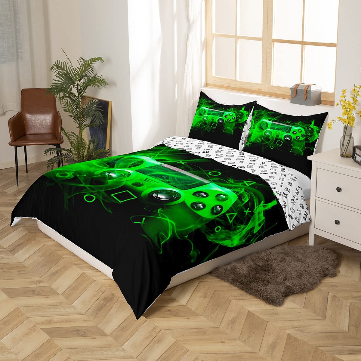Youth Gaming Bedding Set Kids Gamer Duvet Cover for Boys Girls Game Controller Comforter Cover Teens Modern Games Console Action Buttons Bedspread Cover Room Decor Double Size Green Black - Image 2