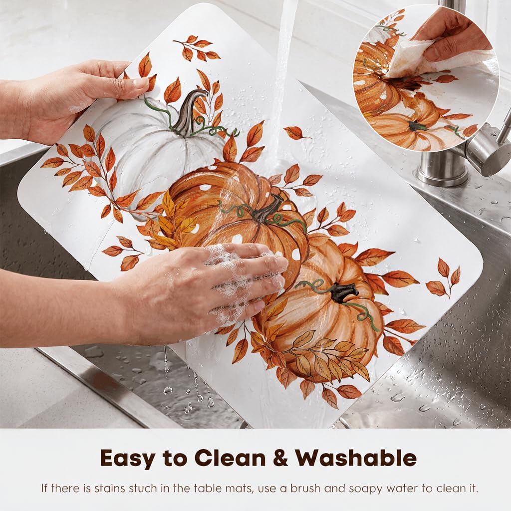 Artoid Mode Pumpkins Leaves Fall Faux Leather Placemats Set of 4, 12x18 Inch Waterproof Wipeable Heat Resistant Vinyl Place Mats，Table Mats for Party Kitchen Dining Decor