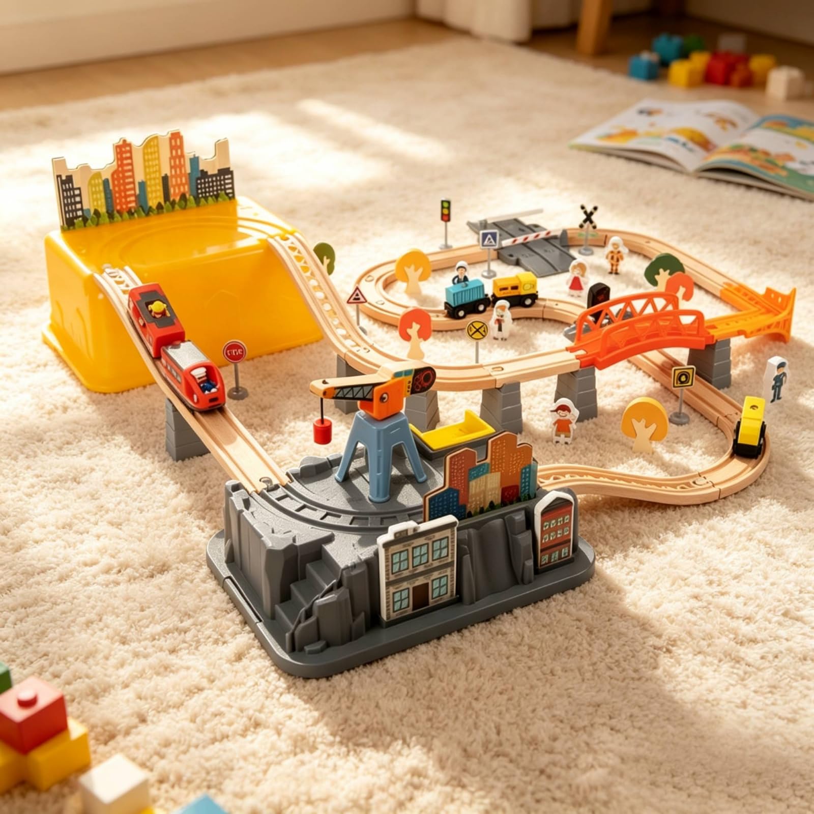 Set Ferrovia in Legno Creativo Ponte Ferroviario Fai da Te Treno Giocattolo per Area Giochi