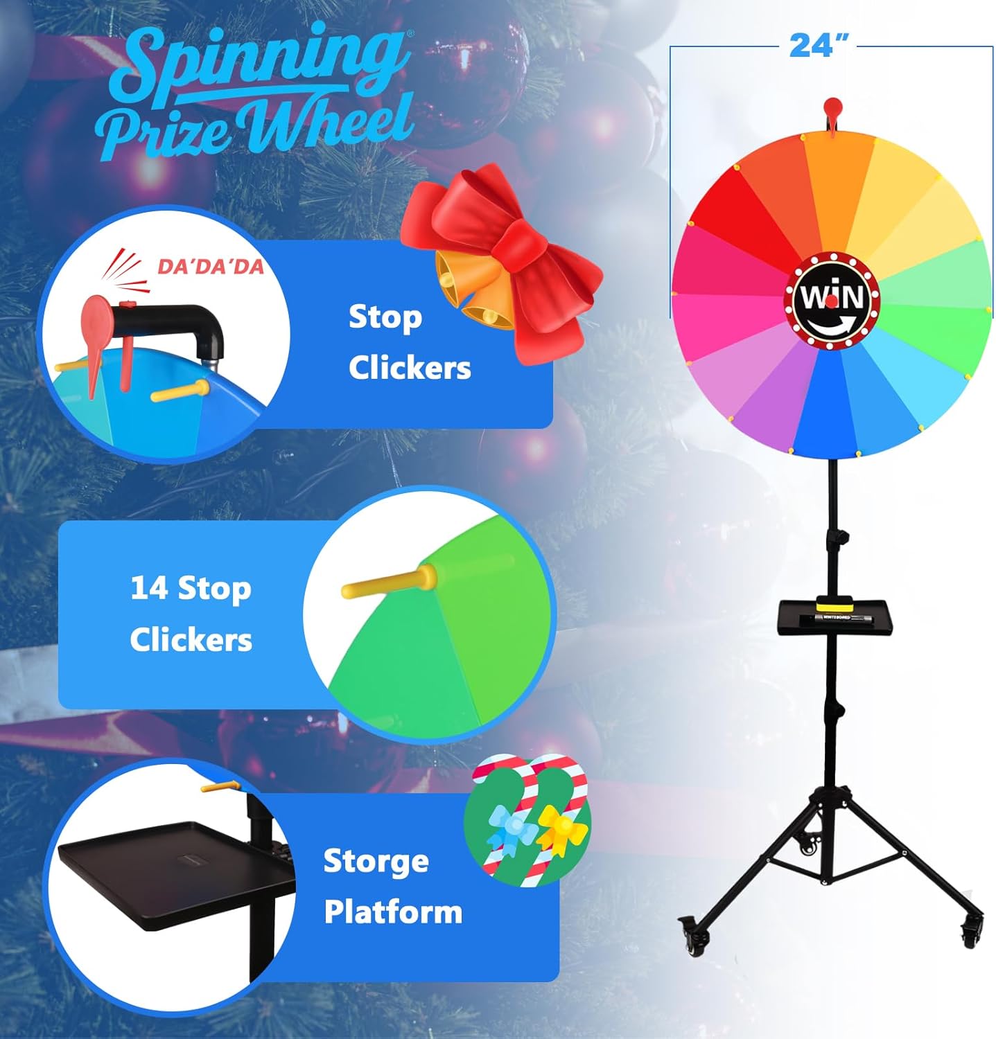 24-inch Spinning Prize Wheel, Ajustable 35"-65" Height Spin Doodle Game Spinner, Folding tripod with Wheels, Dry Erase Marker & Eraser 14 Color Slots for Carnival Trade Show Fortune Spinning Game