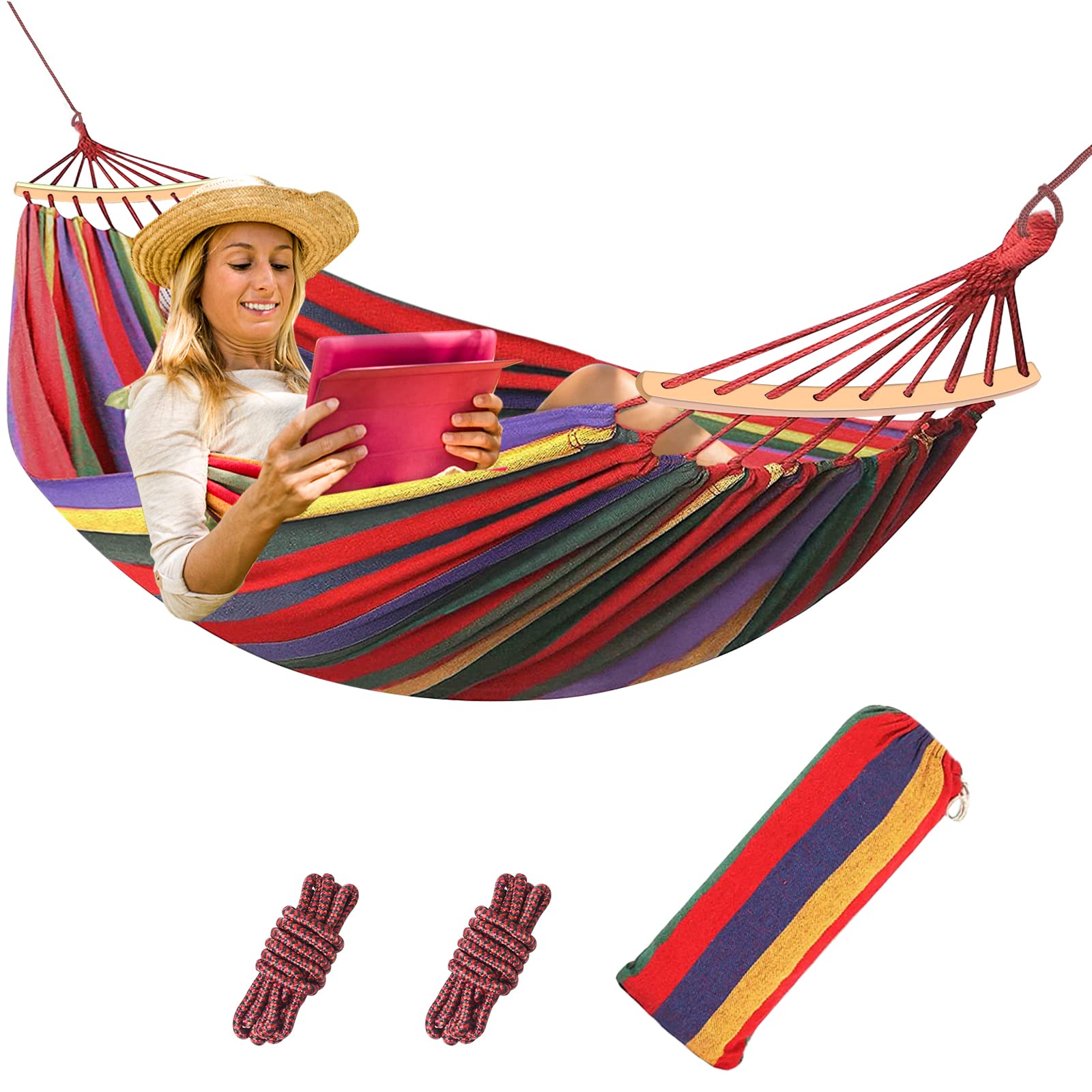 Amaca per esterni, in cotone, 190 x 150 cm, per campeggio, portata fino a 150 kg, per esterni, portatile, traspirante, con borsa per il trasporto, per campeggio, giardino, terrazza