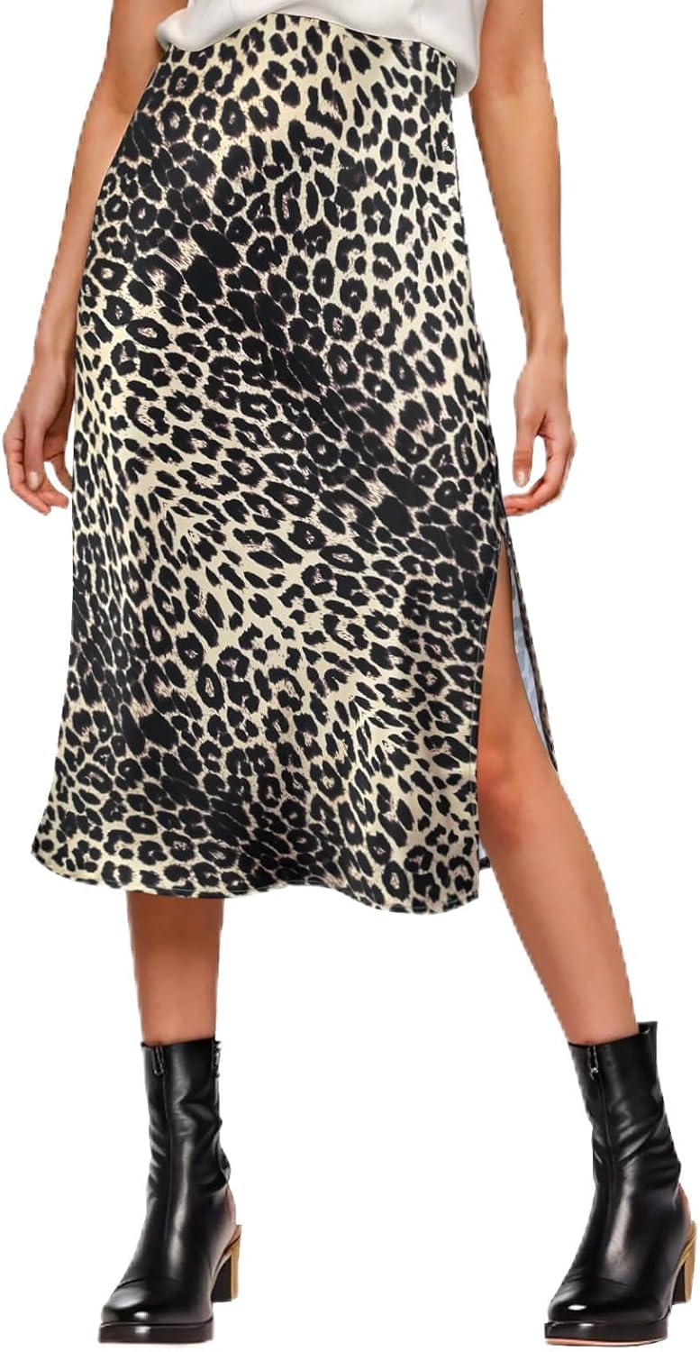 Womens Satin Silk High Waist Slit Midi Skirt Elastic Waistband Midi Skirts for Women